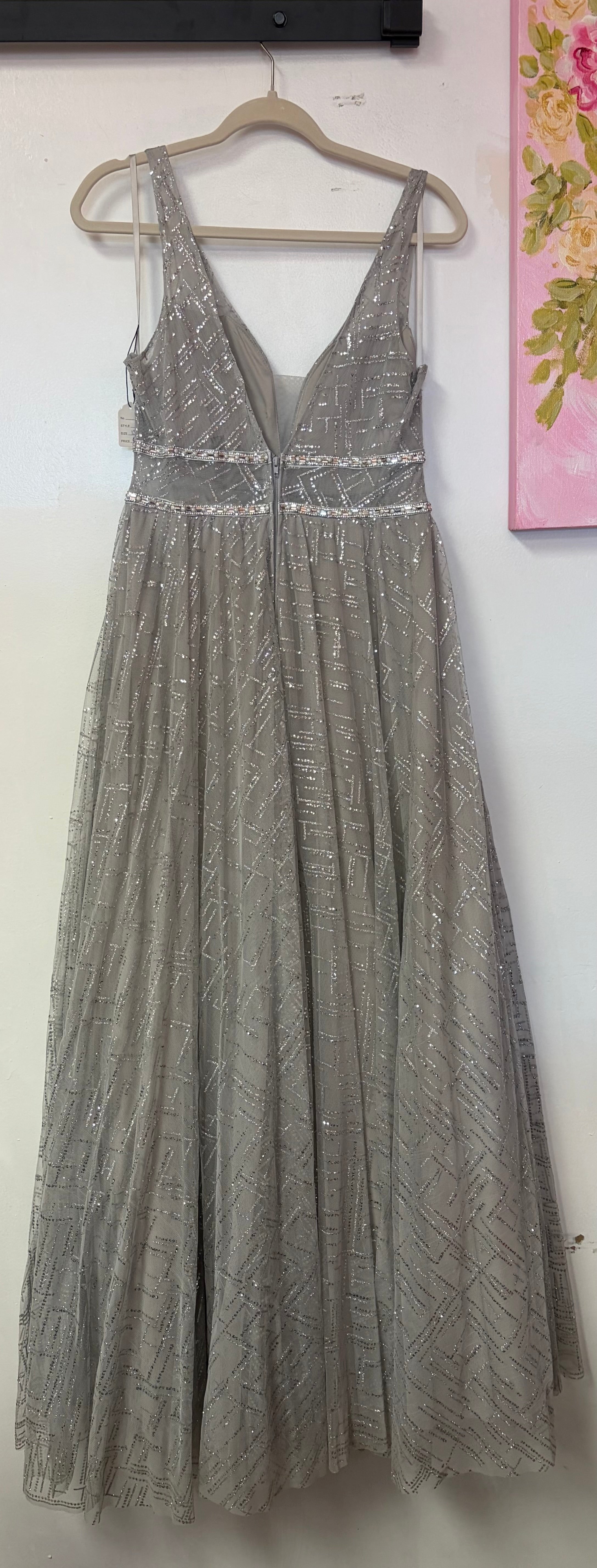 Silver Glitter Geometric A-Line Prom Gown with Rhinestone Waist