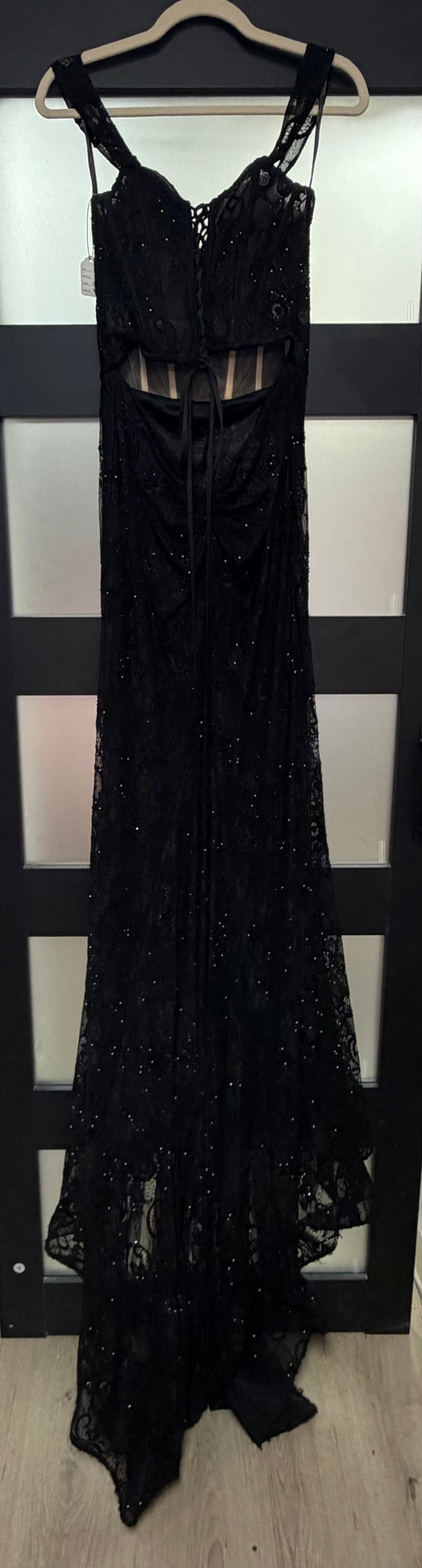 Sherri Hill Black Lace Corset Mermaid Prom Gown