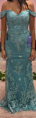 LaDivine OC014 Dusty Blue Embroidered Off-Shoulder Formal Gown