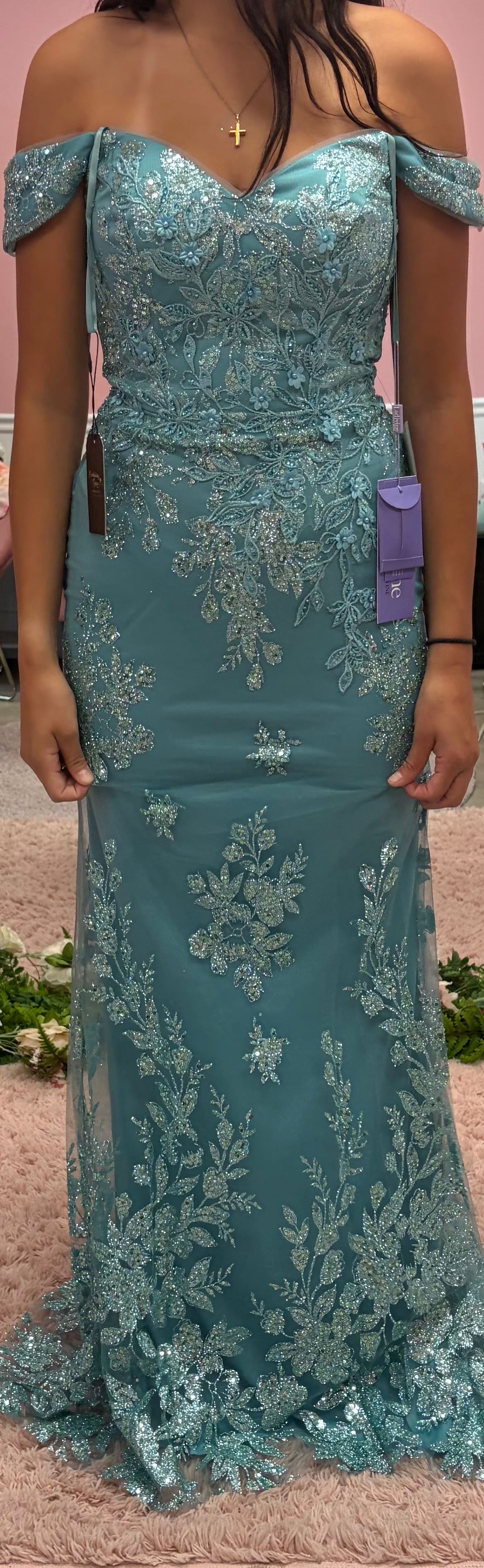LaDivine OC014 Dusty Blue Embroidered Off-Shoulder Formal Gown