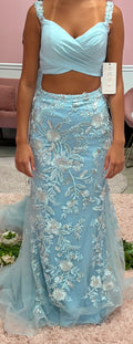 Morrell Maxie 16342 Light Blue Floral Embroidered Two-Piece Formal Gown with Overskirt