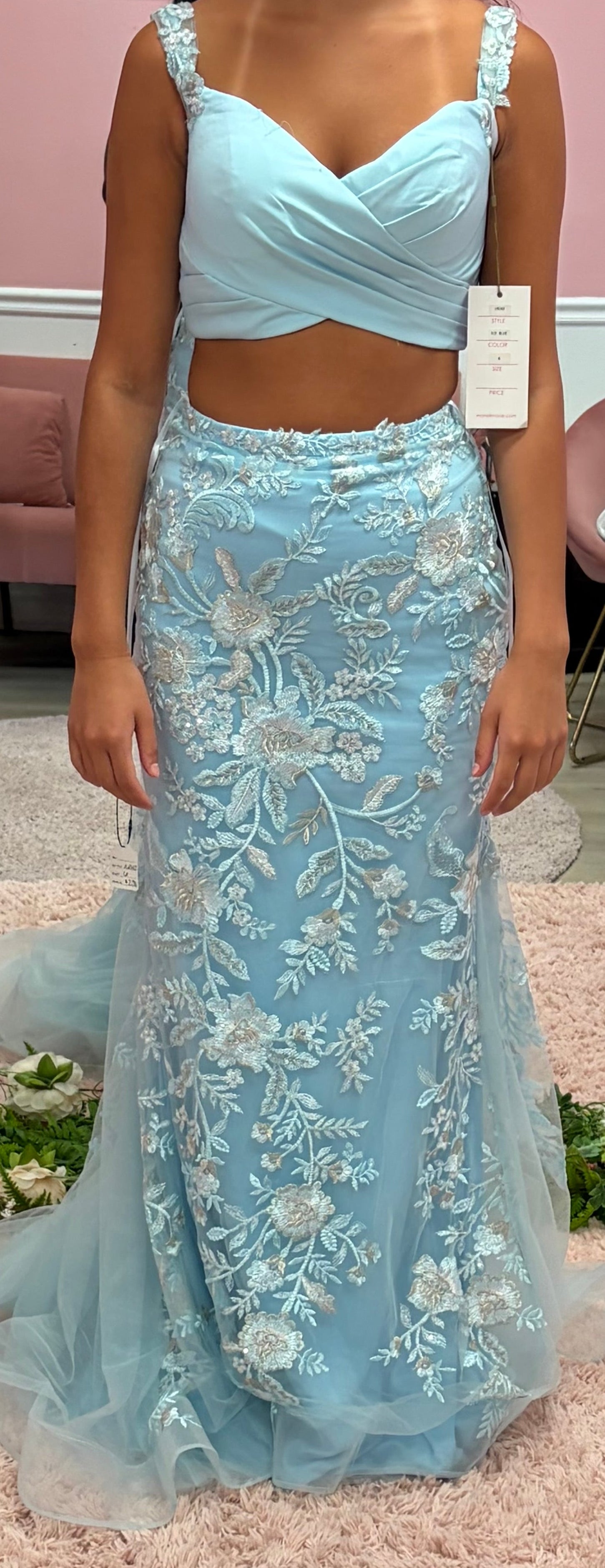 Morrell Maxie 16342 Light Blue Floral Embroidered Two-Piece Formal Gown with Overskirt