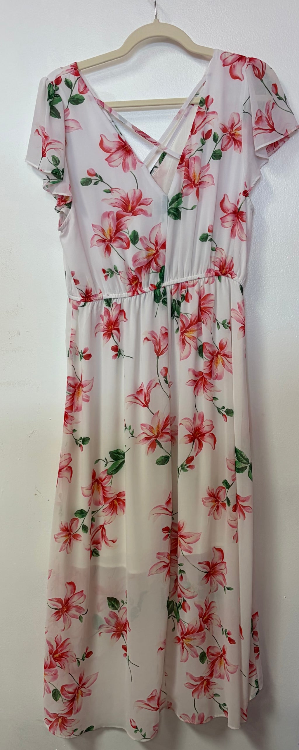 White Floral High-Low Chiffon Dress with Flutter Sleeves and Wrap Bodice