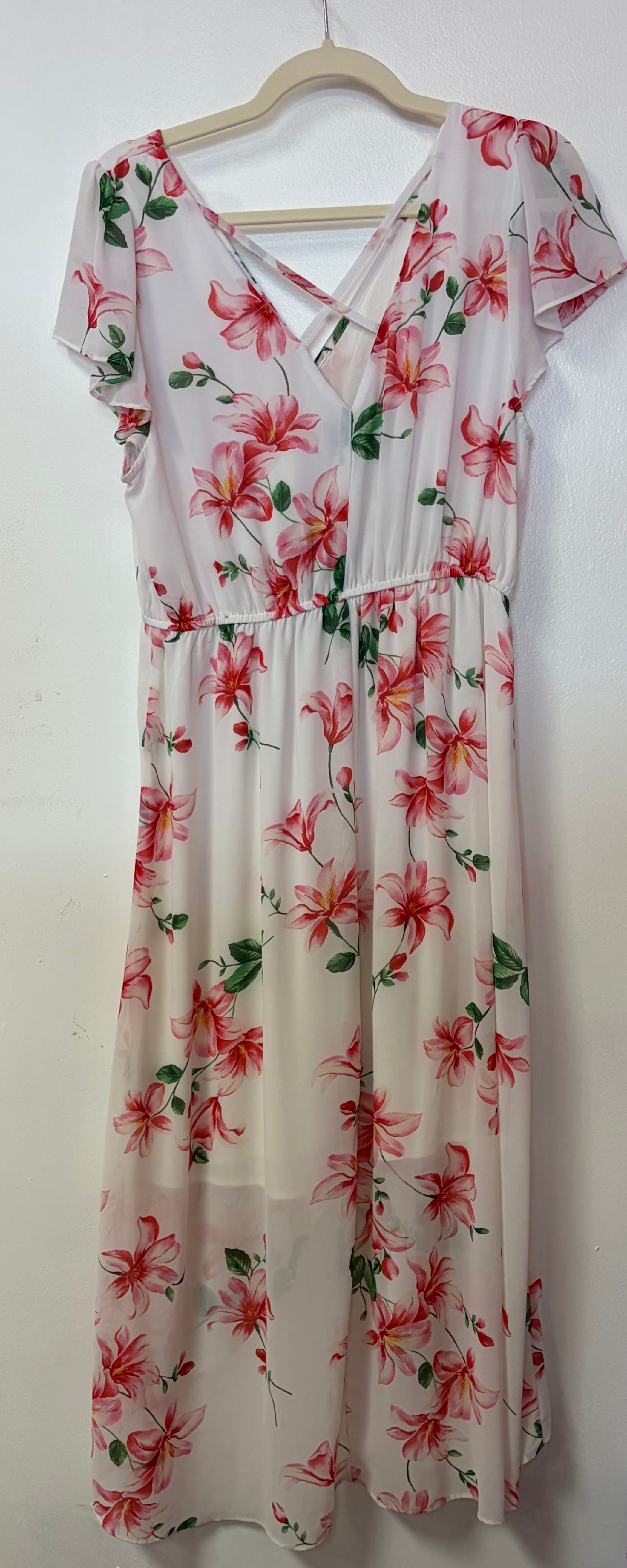 White Floral High-Low Chiffon Dress with Flutter Sleeves and Wrap Bodice