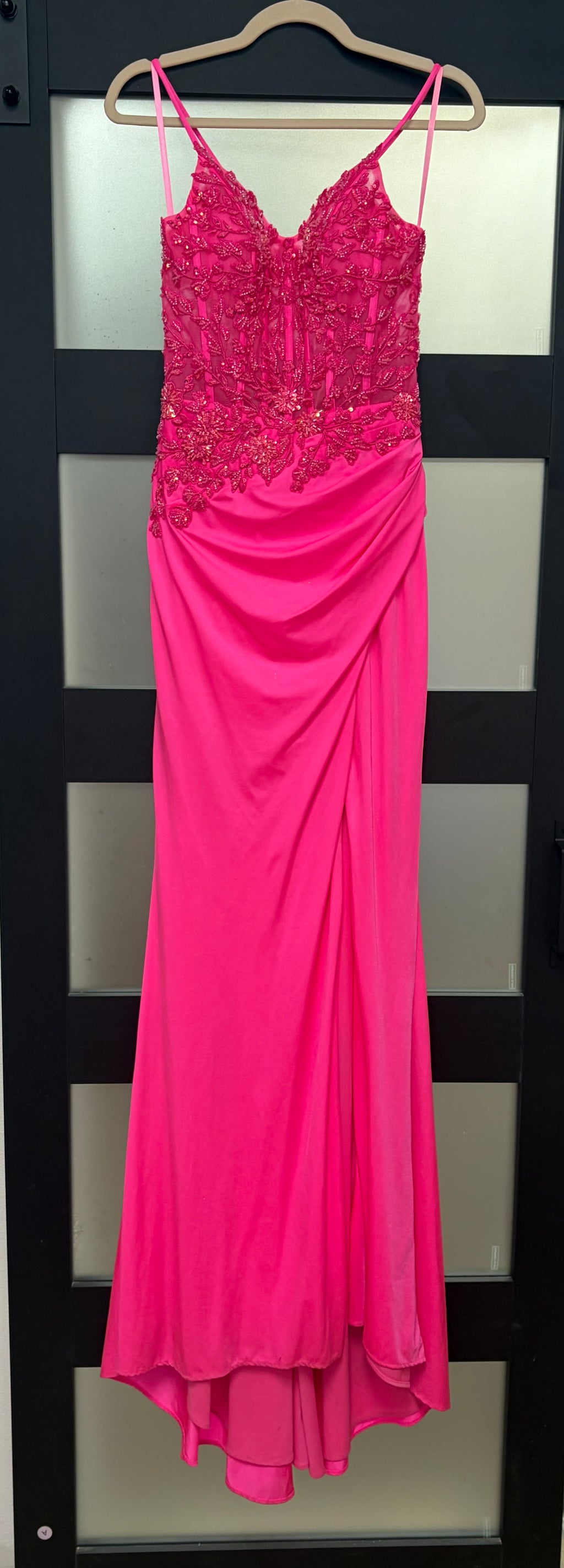 Nox Anabel H1670 Hot Pink Lace Appliqué Corset Prom Dress with Lace-Up Back