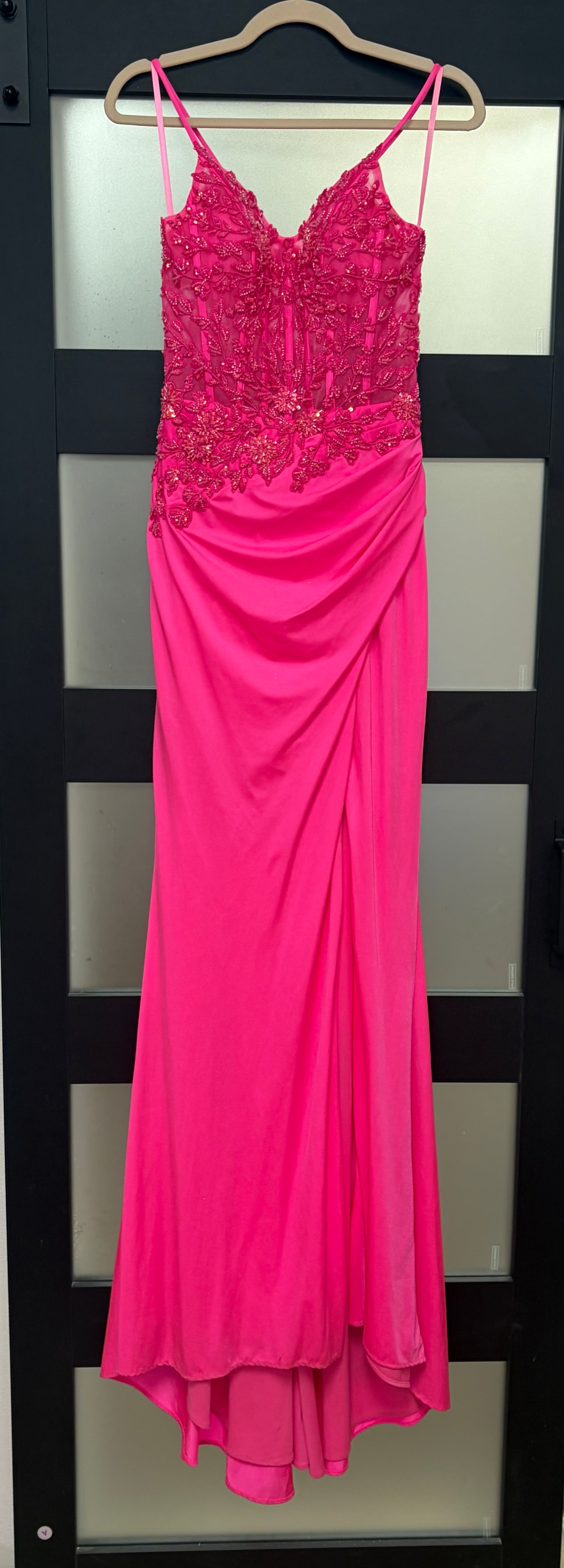 Nox Anabel H1670 Hot Pink Lace Appliqué Corset Prom Dress with Lace-Up Back