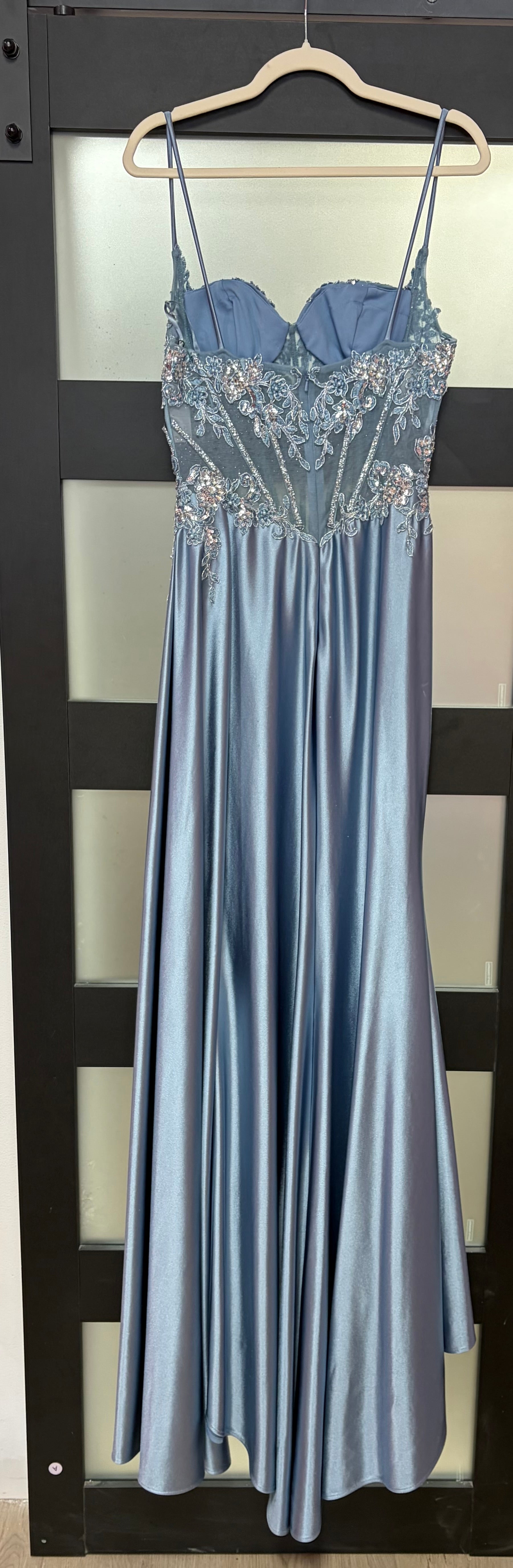 LaDivine CD868 Dusty Blue Satin Corset Gown with Embroidered Lace Appliqué