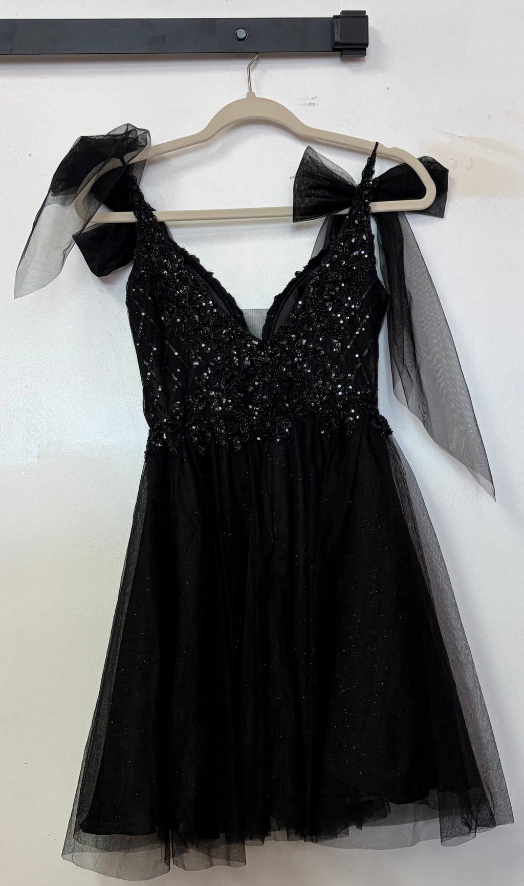 Ladivine CD0174 Black Glitter Tulle A-Line Homecoming Dress with Shoulder Bows