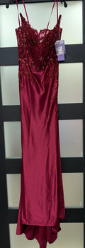 LaDivine KV1112 Burgundy Satin Prom Gown with Lace Appliqué Corset Bodice and High Slit