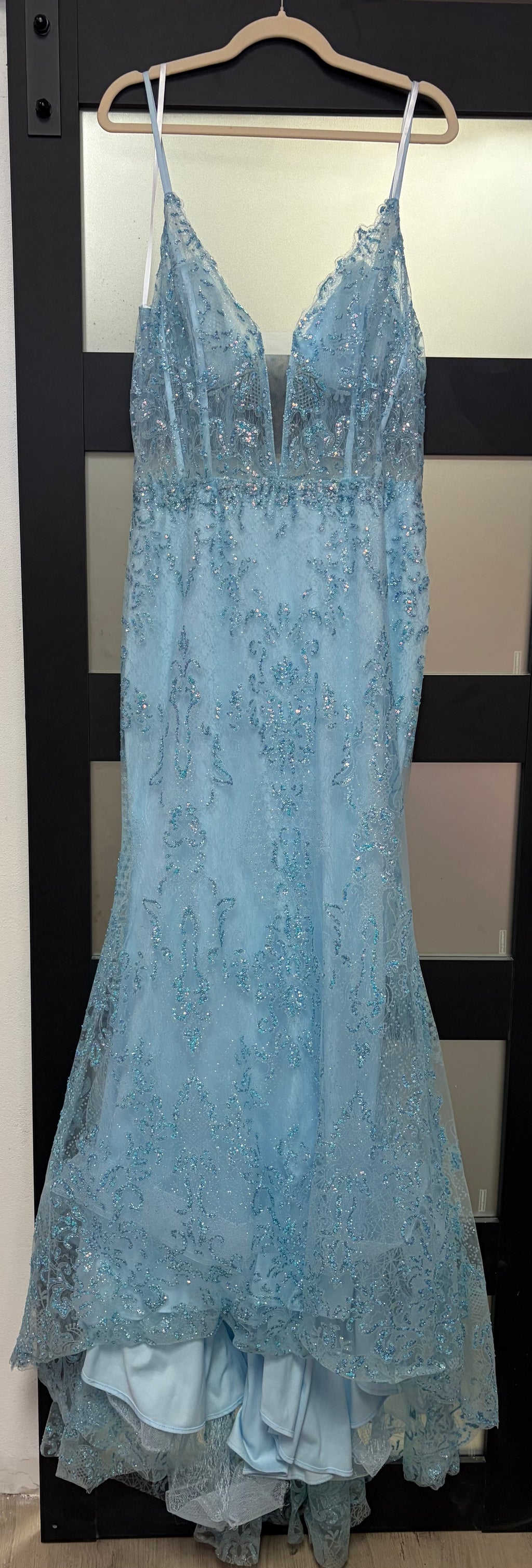 LaDivine by Cinderella Divine A1252 Ice Blue Beaded Mermaid Gown with Illusion Corset