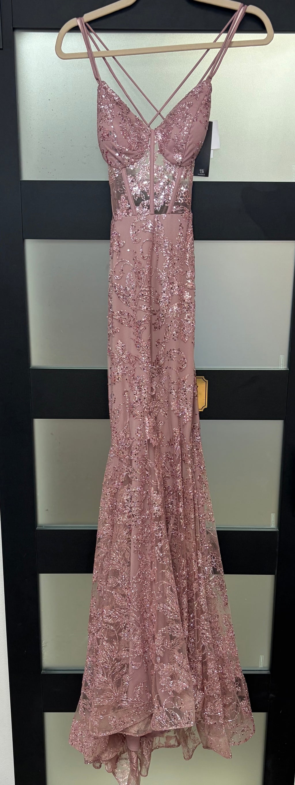 Blondie Nites Mauve Rose Gold Glitter Lace-Up Formal Gown