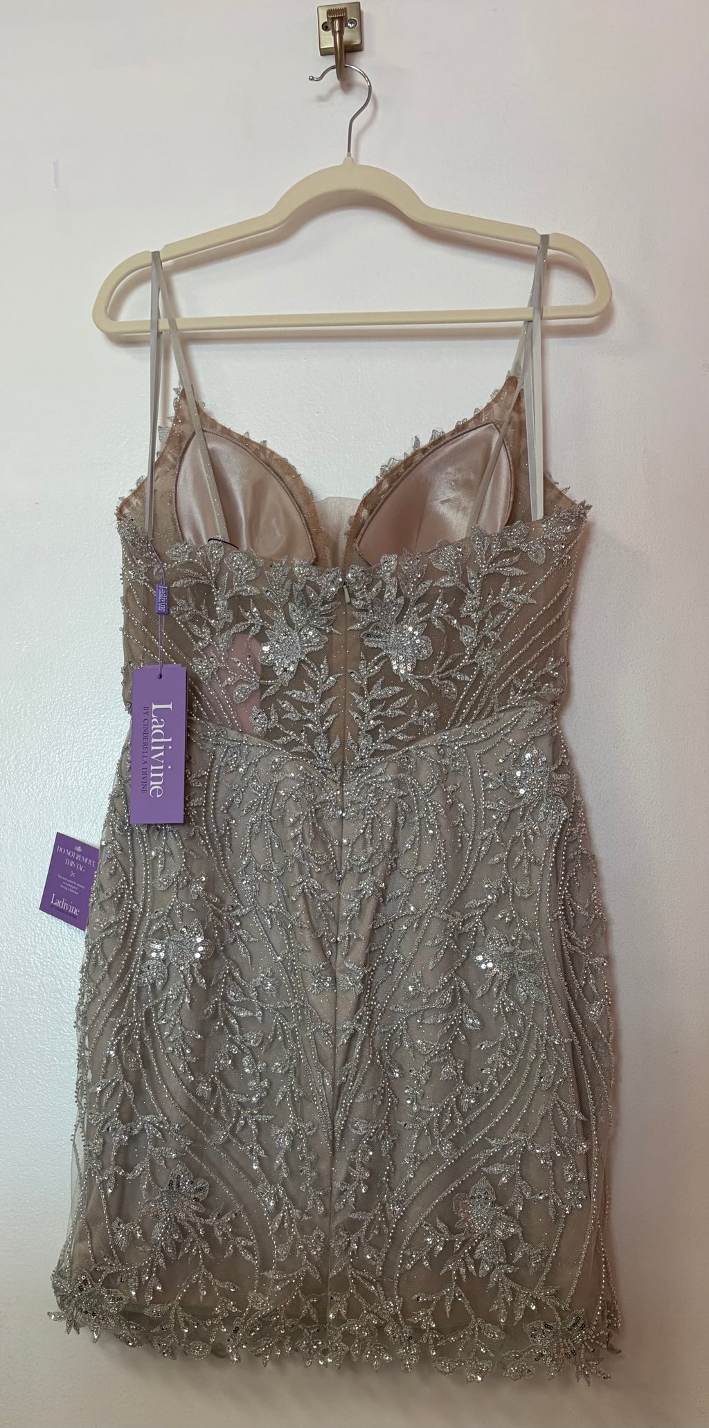 LaDivine CC389 Champagne Beaded Homecoming Dress with Intricate Embroidered Appliqué
