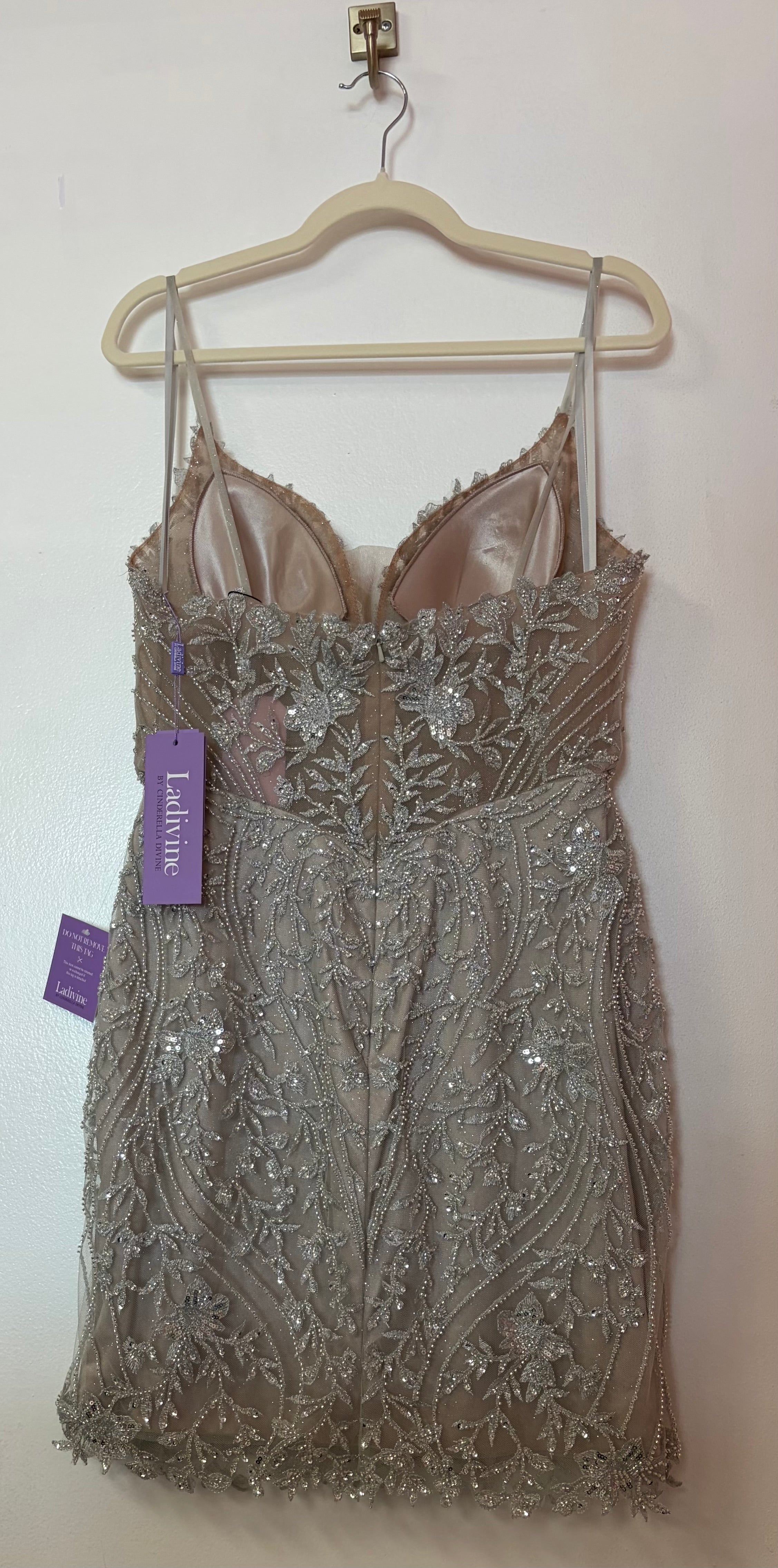 LaDivine CC389 Champagne Beaded Homecoming Dress with Intricate Embroidered Appliqué