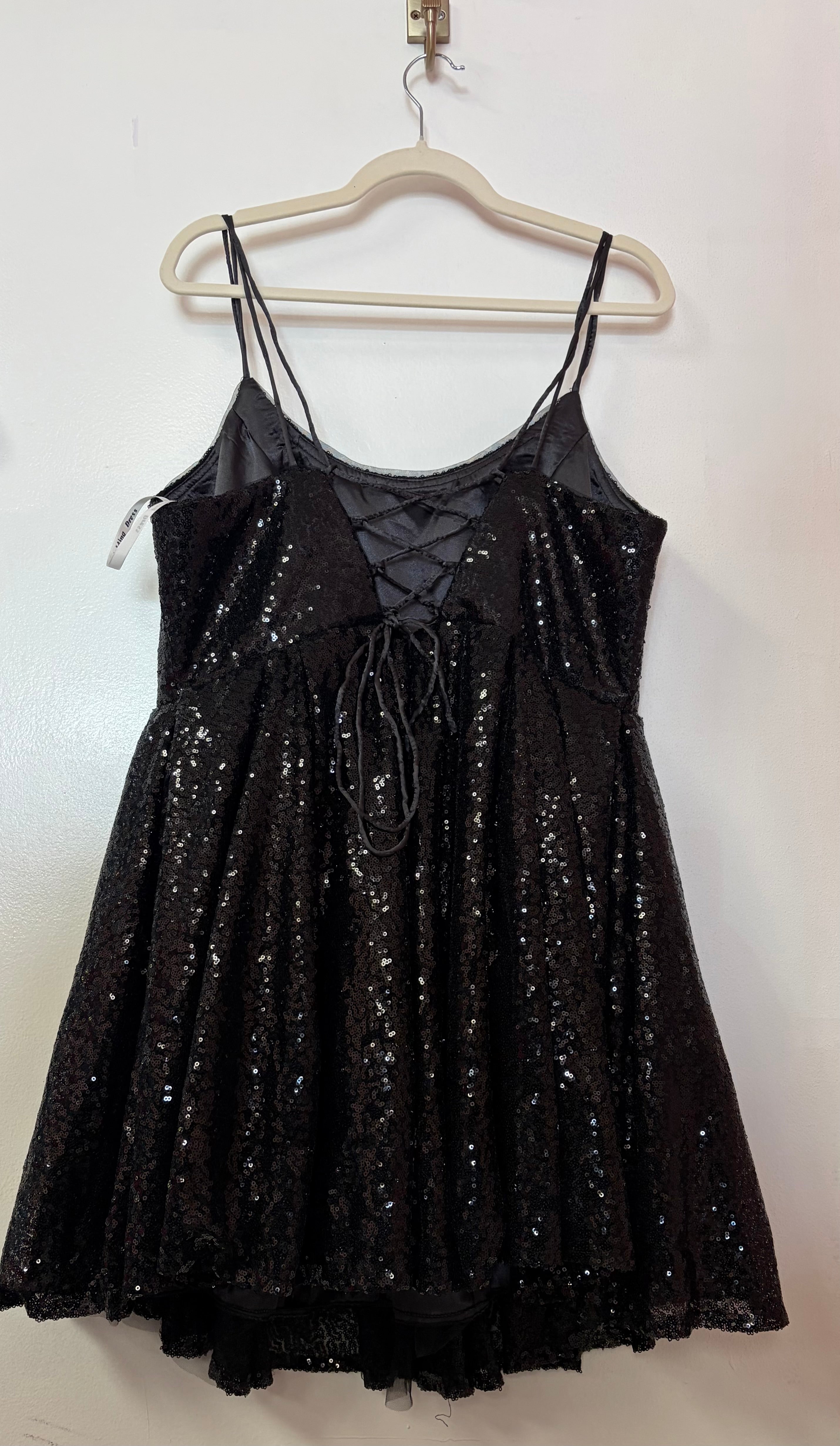 Black Sequin Fit and Flare Cocktail Dress with Spaghetti Straps and Open Tie Back