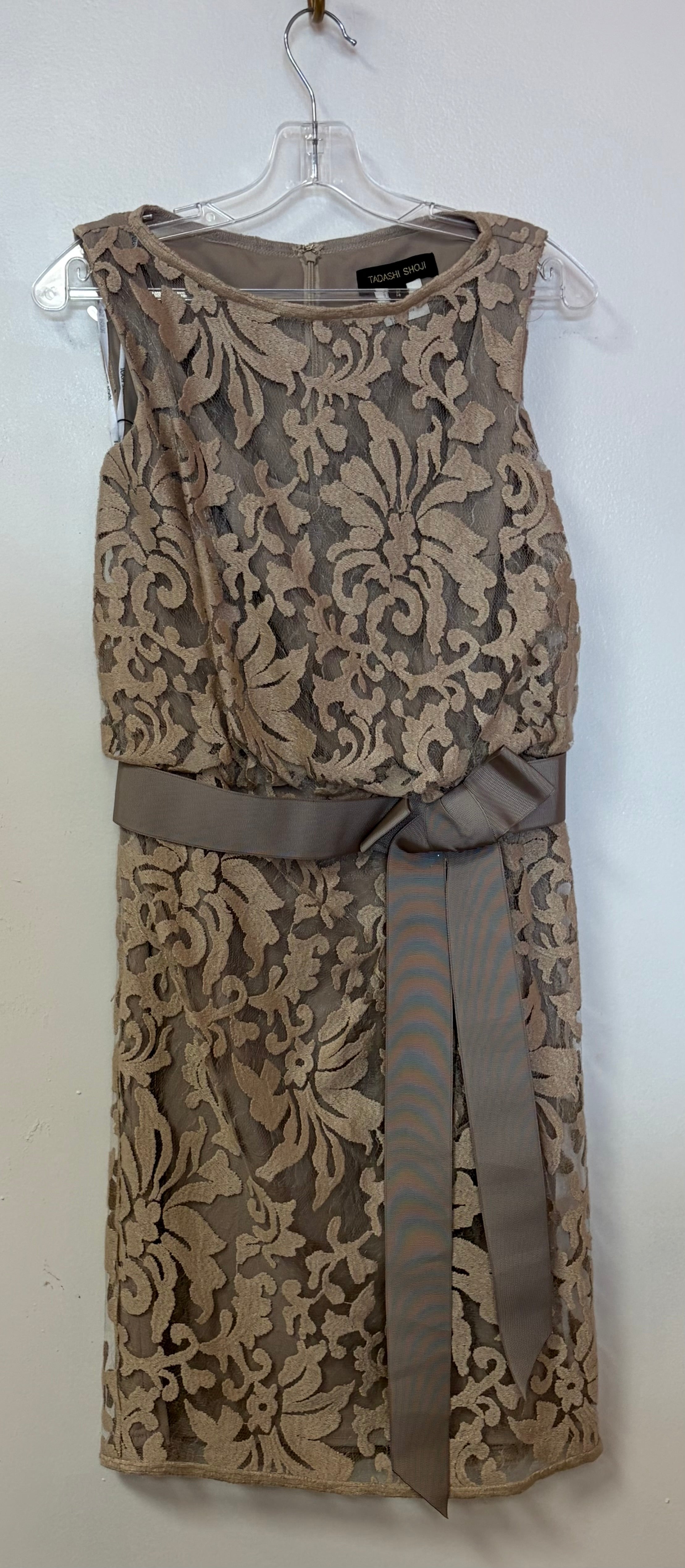 Tadashi Shoji Taupe Embroidered Lace Cocktail Dress with Satin Waist Tie