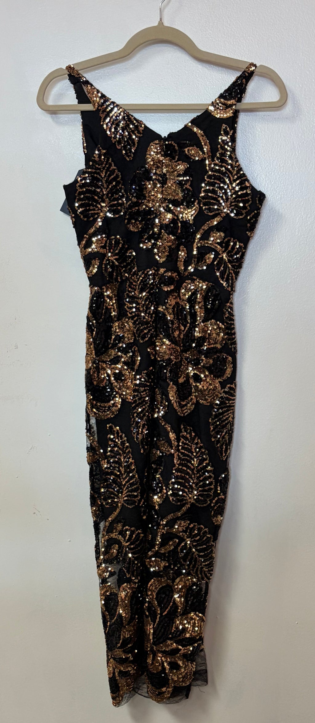 Dress the Population Black and Gold Sequin Midi Dress with Floral Embellishments