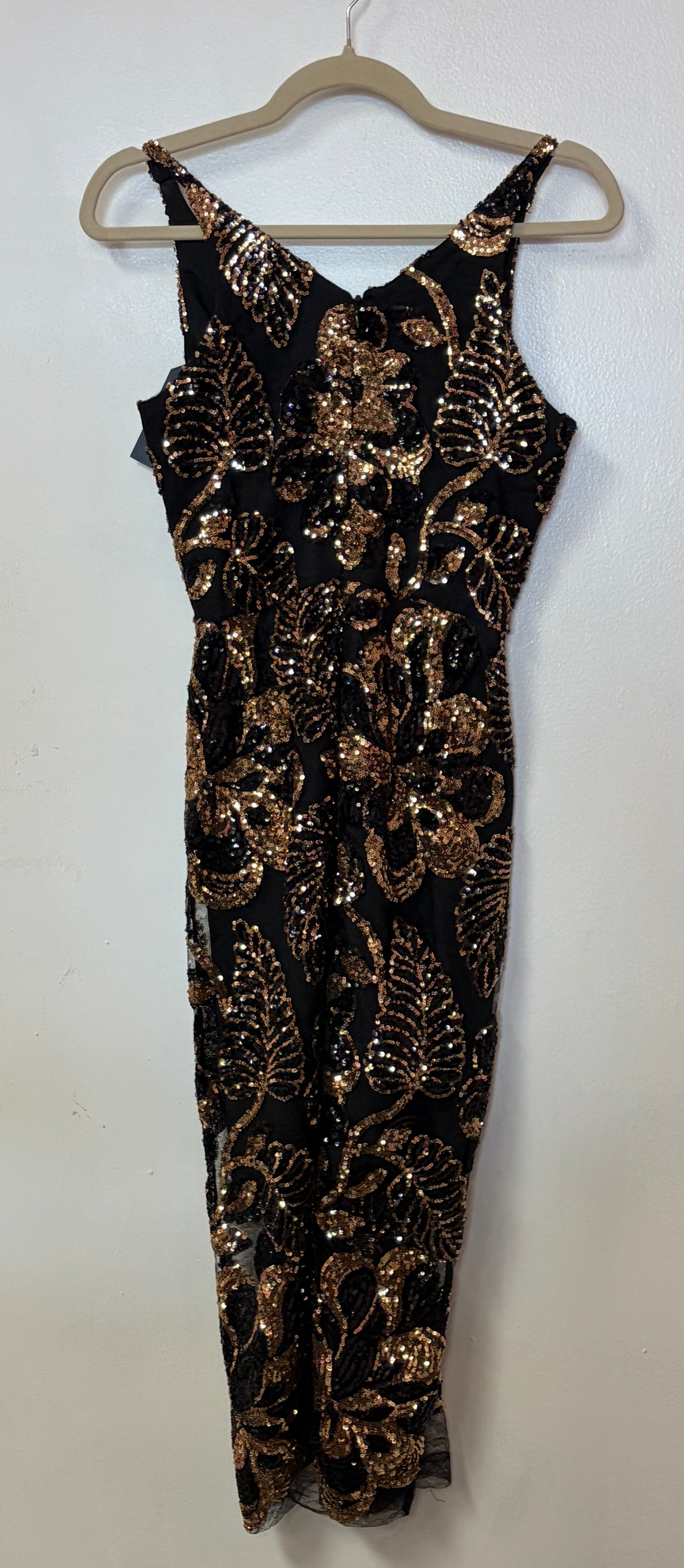 Dress the Population Black and Gold Sequin Midi Dress with Floral Embellishments