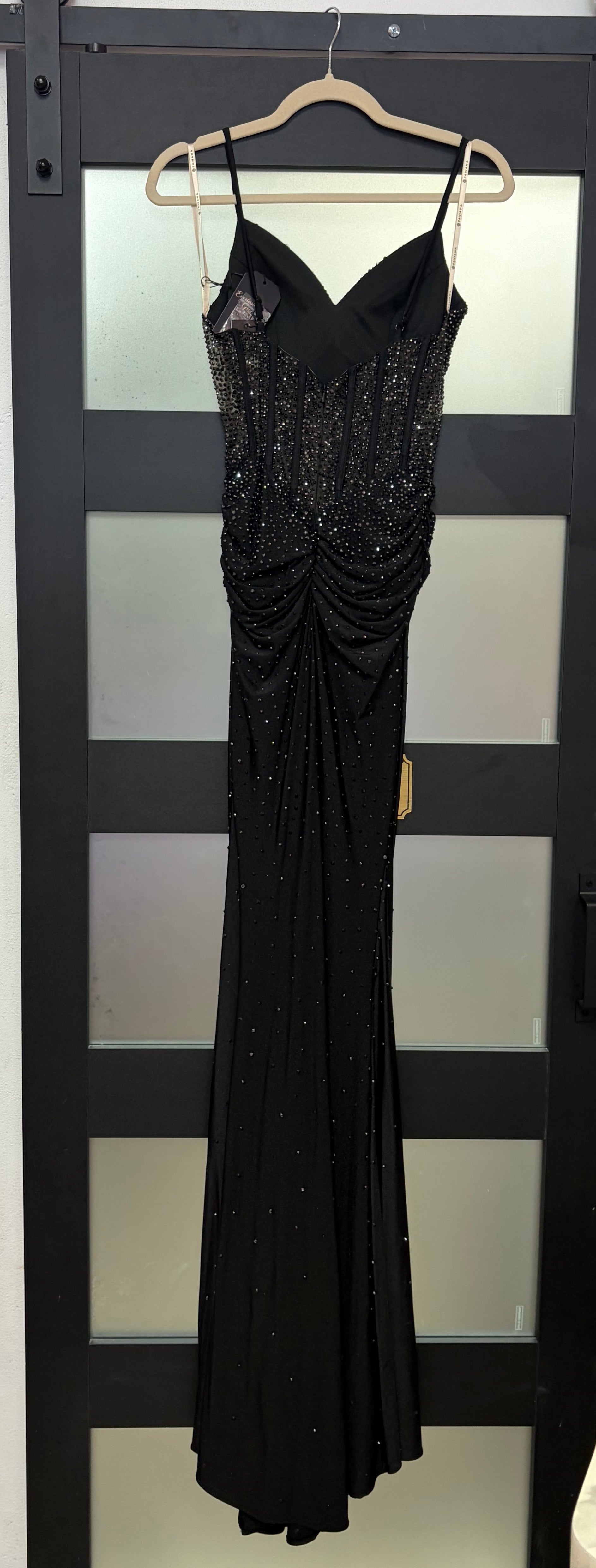 Faviana S10800 Black Rhinestone Corset Prom Dress with Ruched Skirt