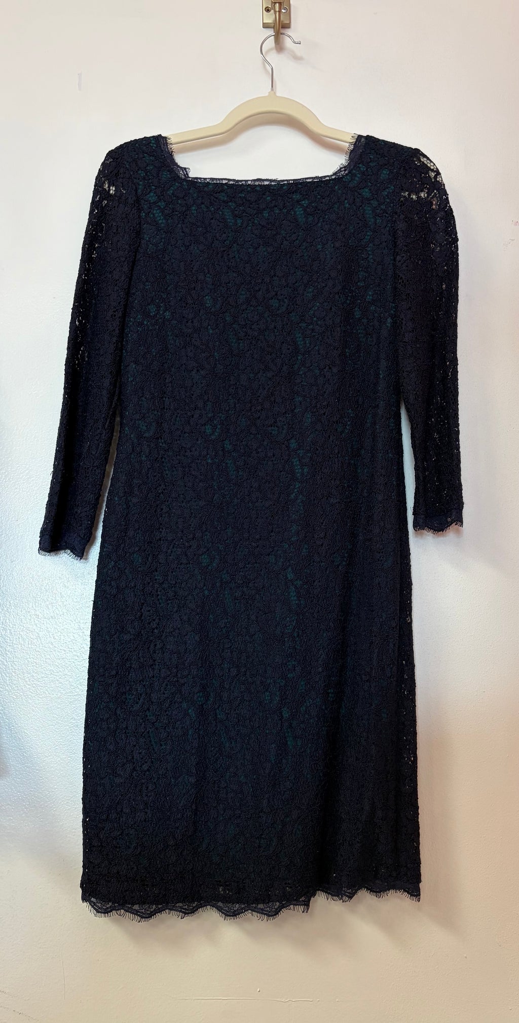 Adrianna Papell Navy Lace Sheath Dress with Square Neckline and Teal Underlay