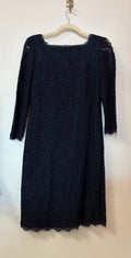 Adrianna Papell Navy Lace Sheath Dress with Square Neckline and Teal Underlay