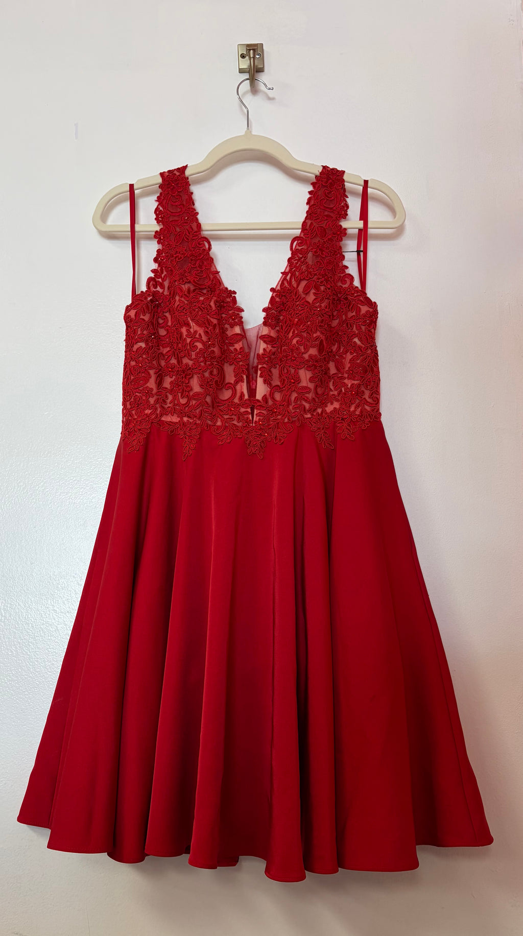 Ed Young Red Lace Appliqué Homecoming Dress with Satin A-Line Skirt