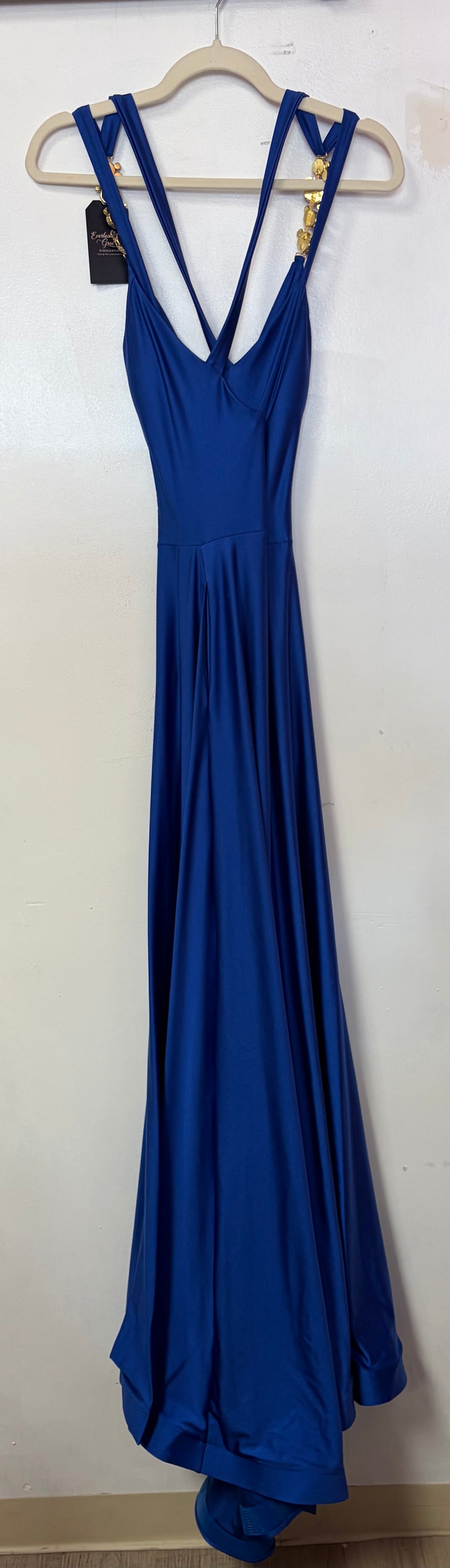 Jessica Angel 944 – Royal Blue Jersey A-Line Gown with Embellished Straps