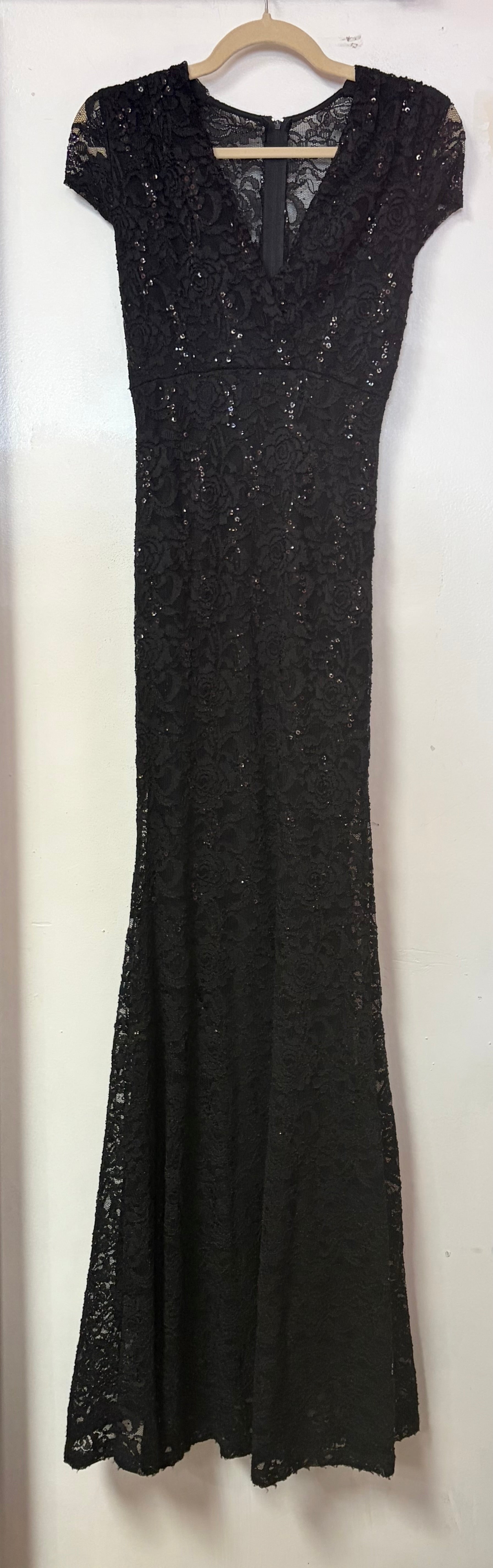 Scala Black Sequin Lace Cap Sleeve Dress