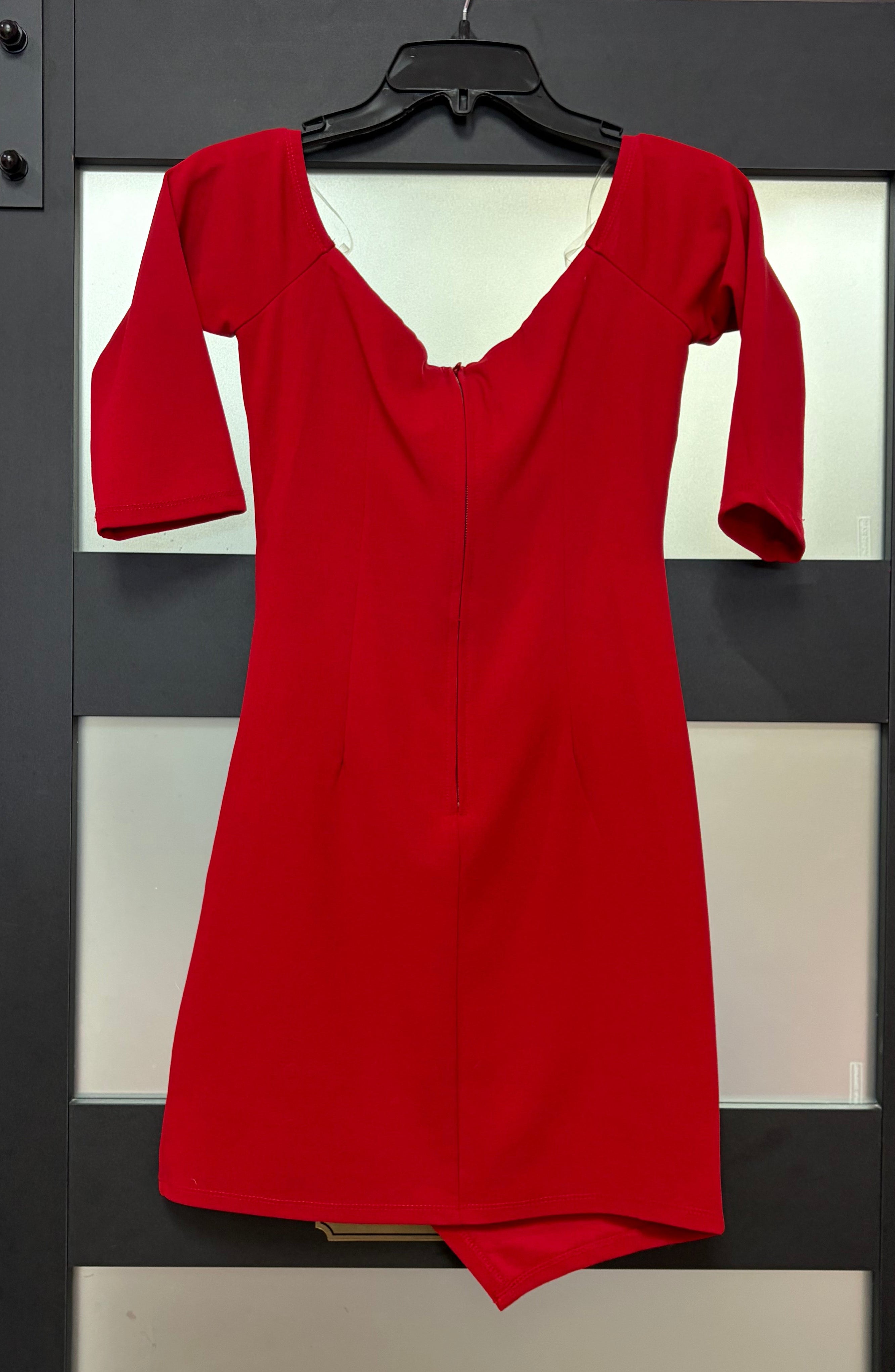 Midnight Doll Red Asymmetrical Ruched Cocktail Dress with Three-Quarter Sleeves