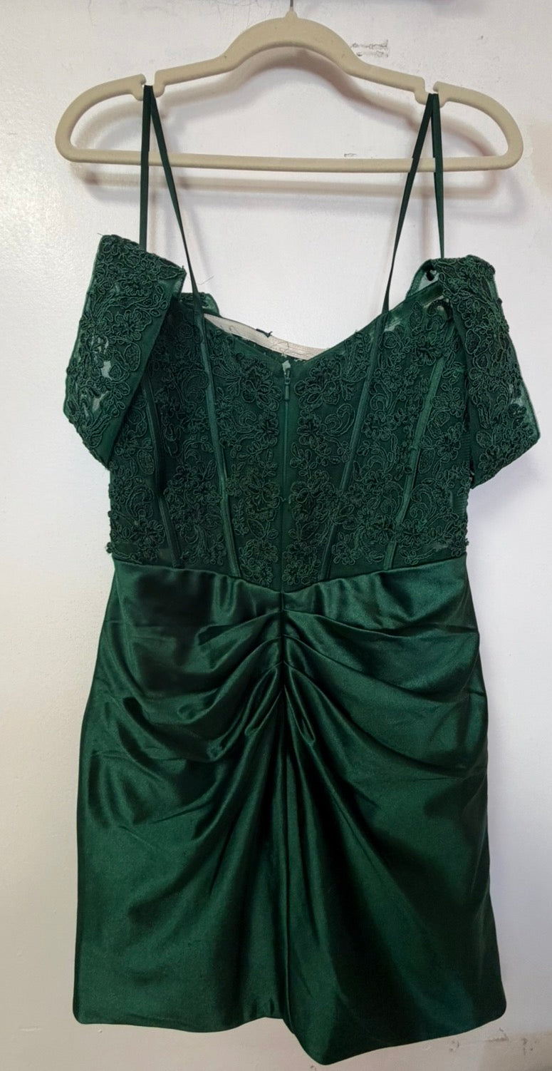 Abby Paris 94159 Emerald Green Off-Shoulder Satin Mini Dress