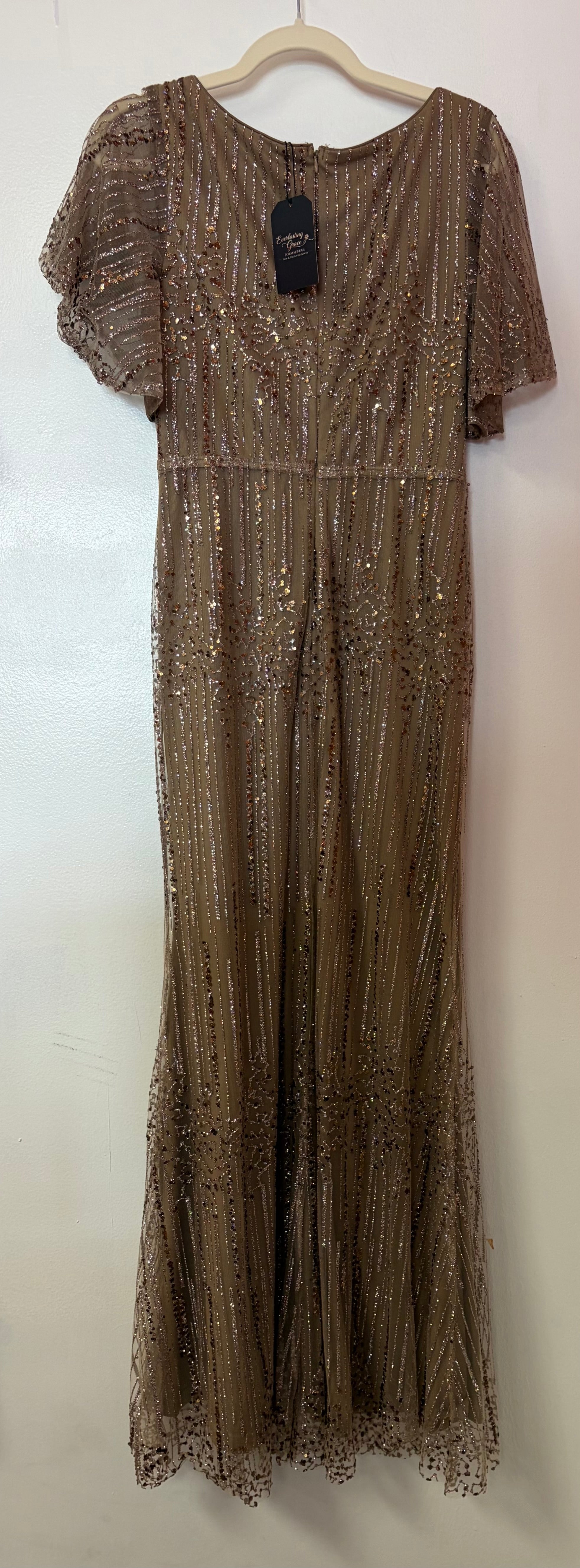 Ever-Pretty Taupe Beaded Flutter Sleeve Formal Gown with Art Deco Sequin Pattern