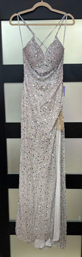 LaDivine CD258 Silver Sequin Lace-Up Evening Gown with Side Drape