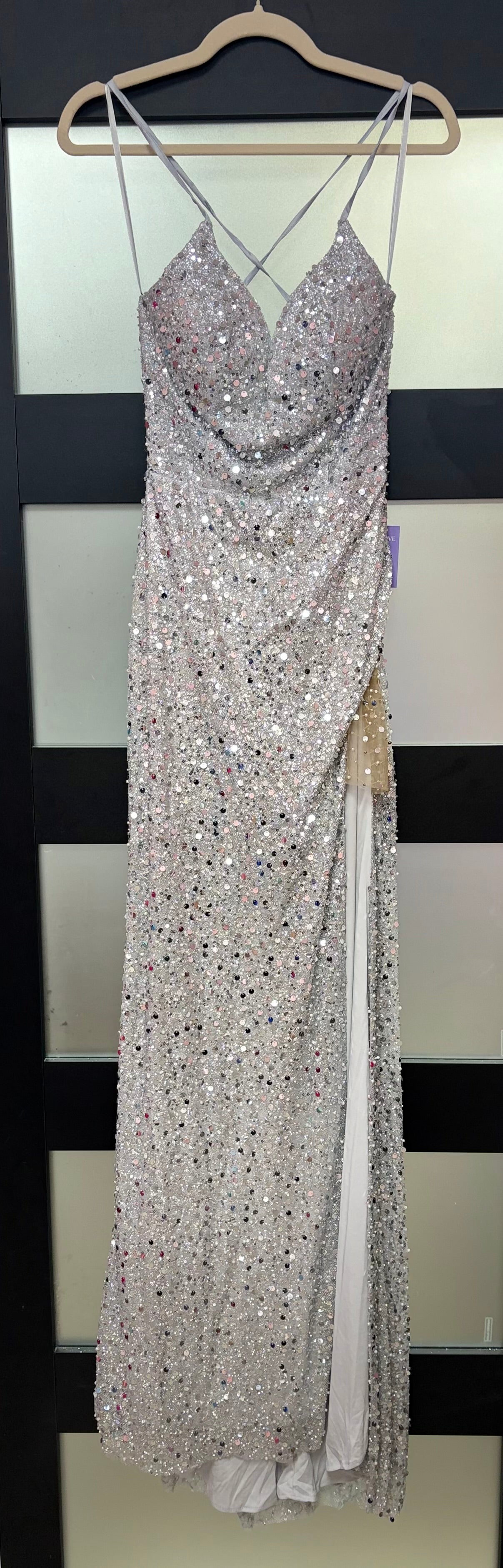LaDivine CD258 Silver Sequin Lace-Up Evening Gown with Side Drape