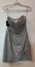 Silver Sequin Strapless Homecoming Dress with Rhinestone Bodice and Draped Skirt