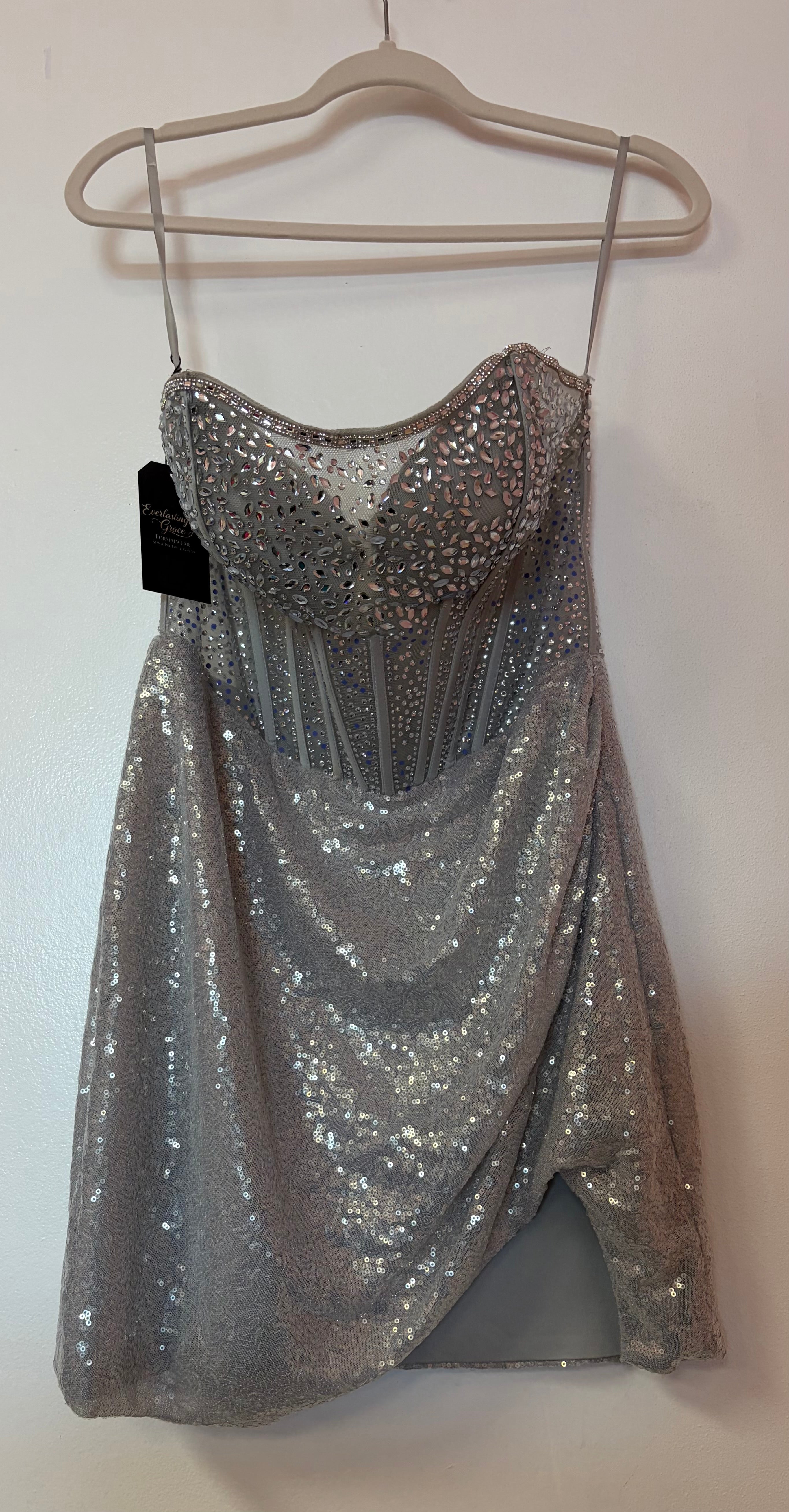 Silver Sequin Strapless Homecoming Dress with Rhinestone Bodice and Draped Skirt