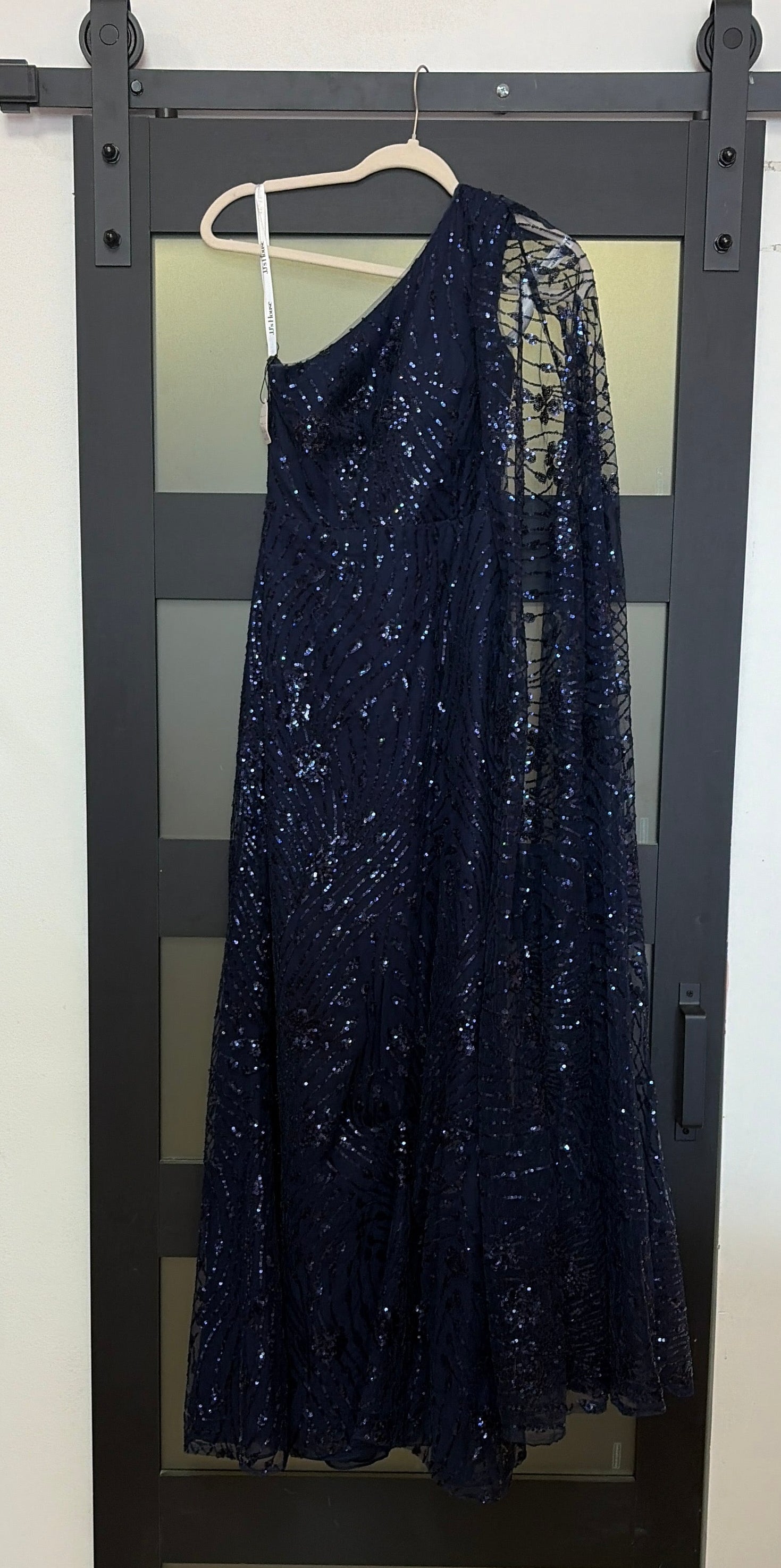 JJ's house sparkly navy one shoulder elegant evening gown