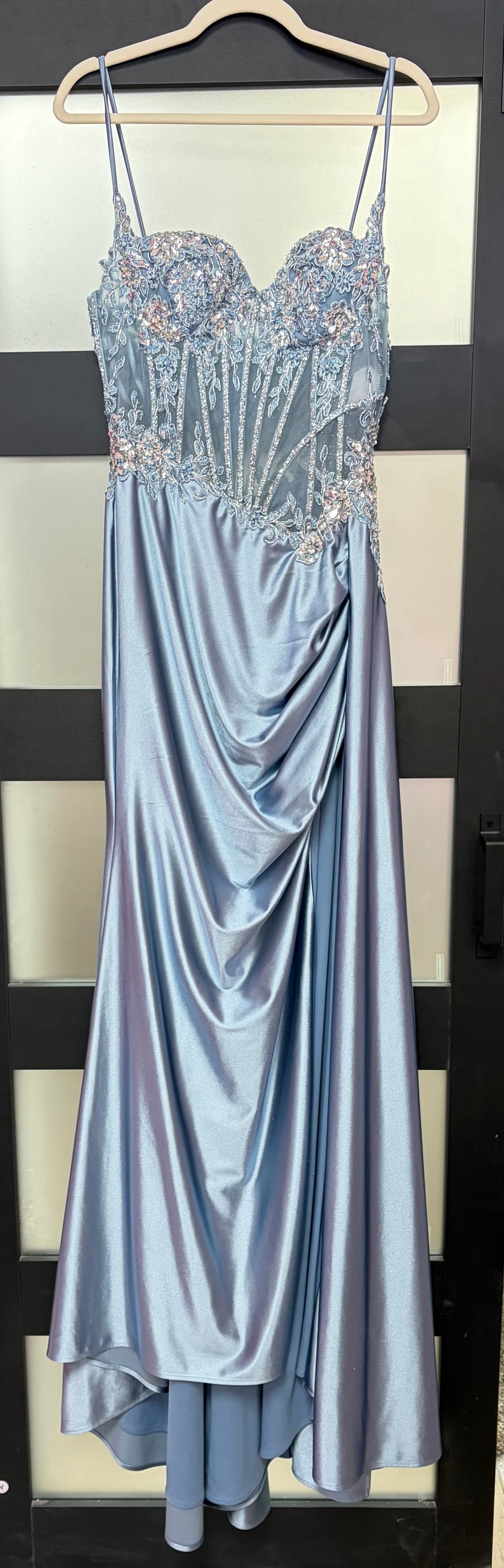 LaDivine CD868 Dusty Blue Satin Corset Gown with Embroidered Lace Appliqué