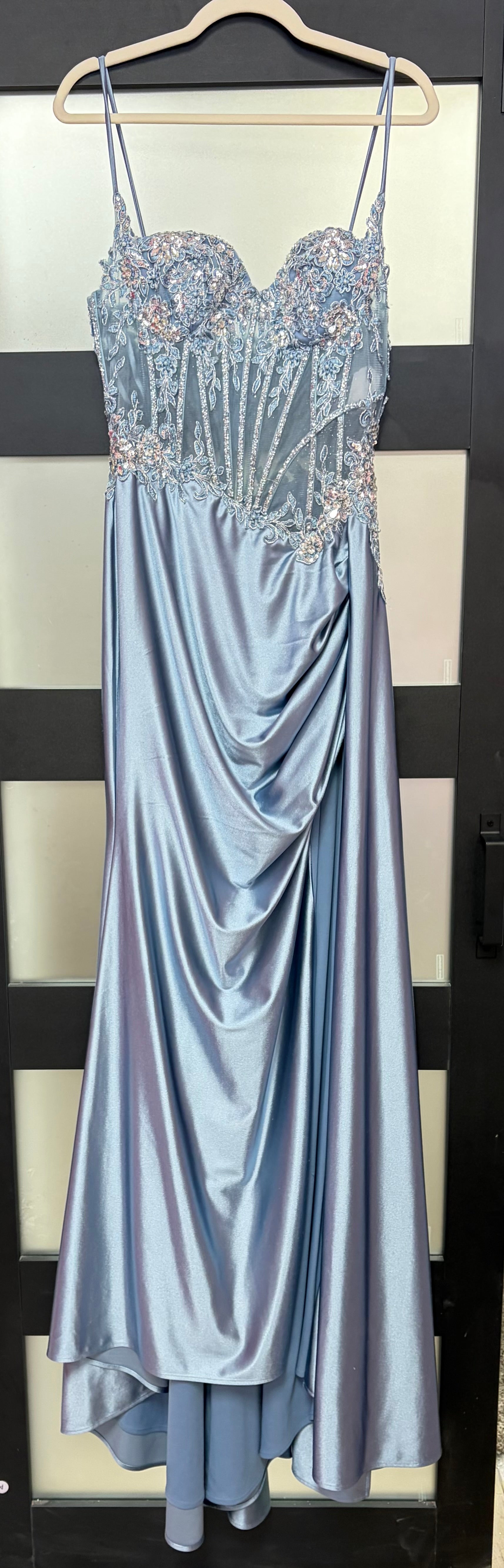 LaDivine CD868 Dusty Blue Satin Corset Gown with Embroidered Lace Appliqué