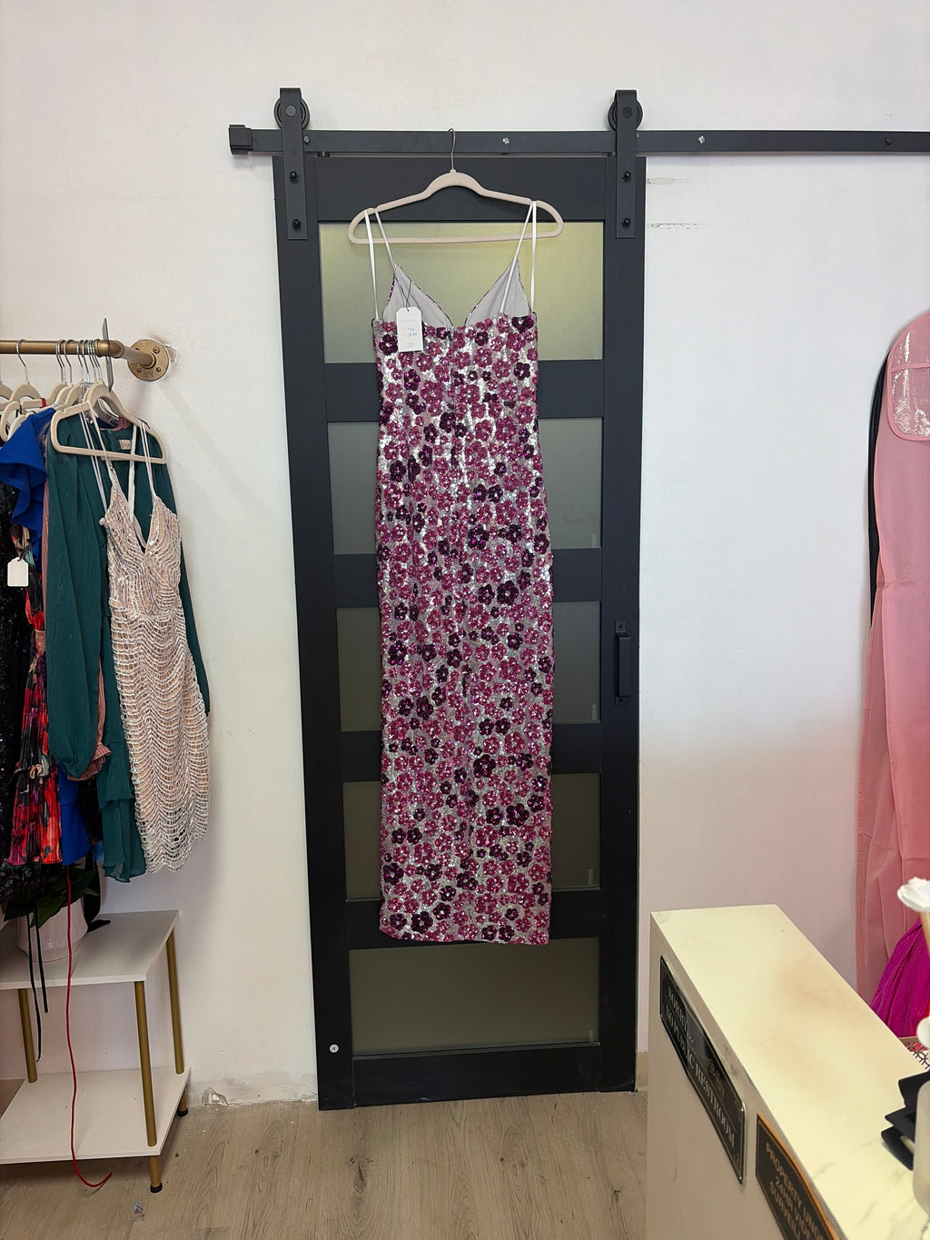 Silver dress with purple/pink flower design