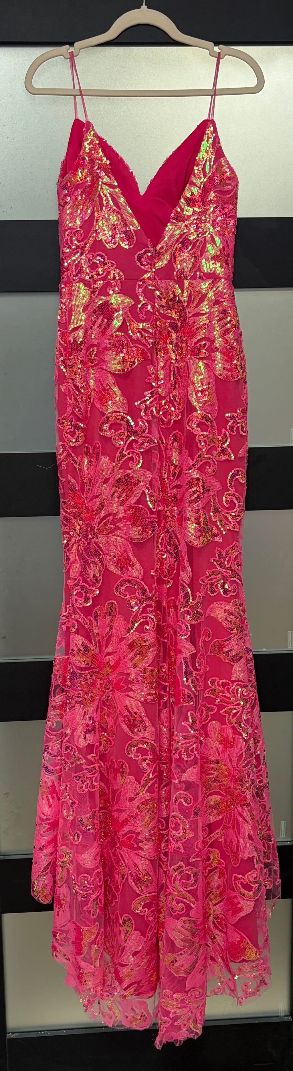 Camille La Vie Hot Pink Sequin Floral Formal Gown