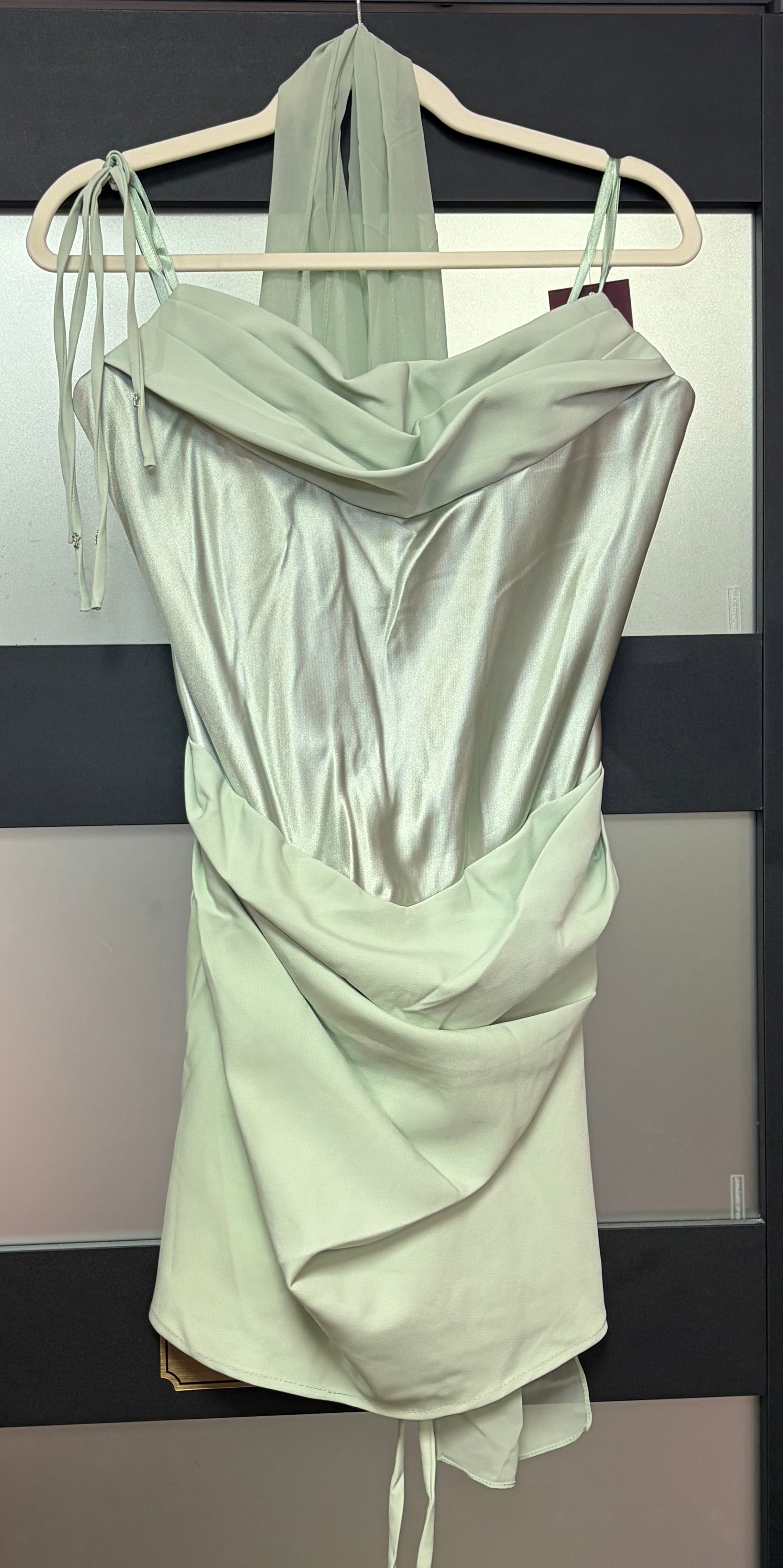 Ladivine by Cinderella Divine - STRAPLESS SATIN MINI DRESS WITH COWL NECKLINE AND SCARF