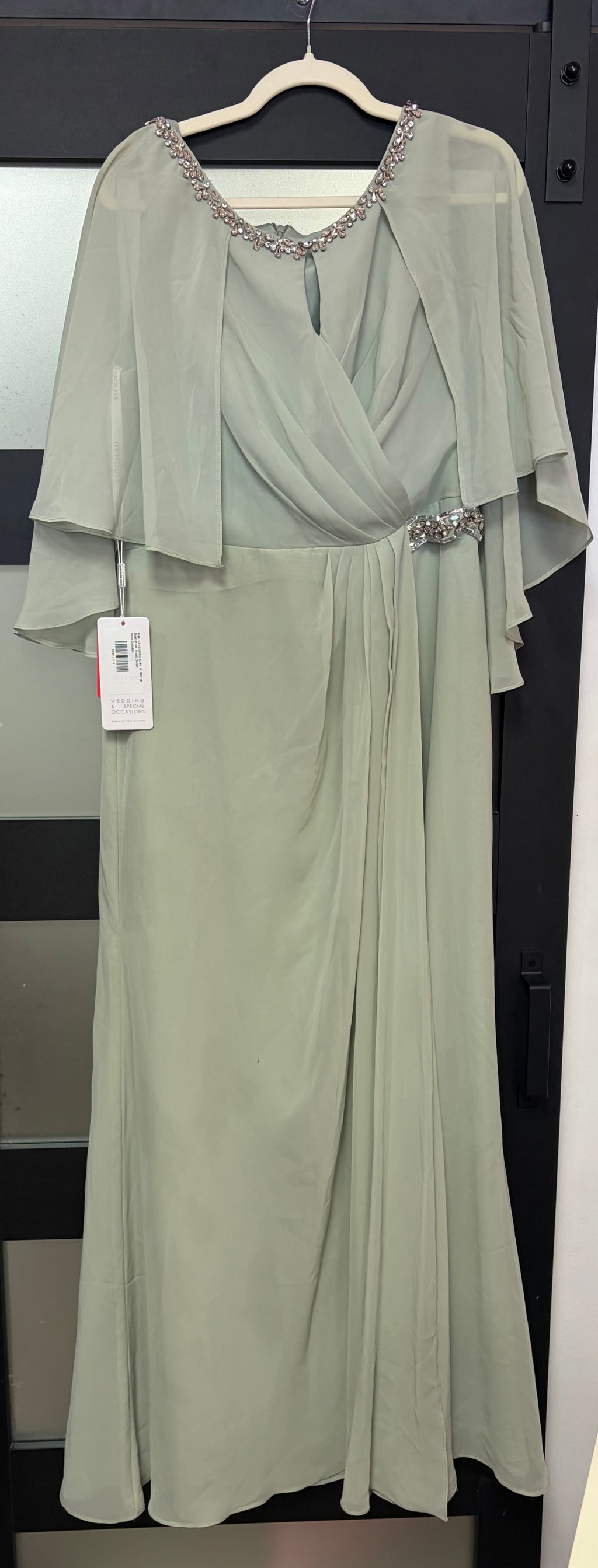 JJ’s House Sage Green Chiffon Evening Gown with Cape Sleeves and Beaded Details