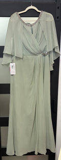 JJ’s House Sage Green Chiffon Evening Gown with Cape Sleeves and Beaded Details