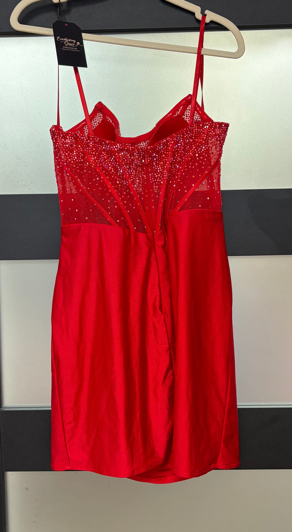 Maja Bella Red Rhinestone Corset Satin Homecoming Dress with Draped Skirt
