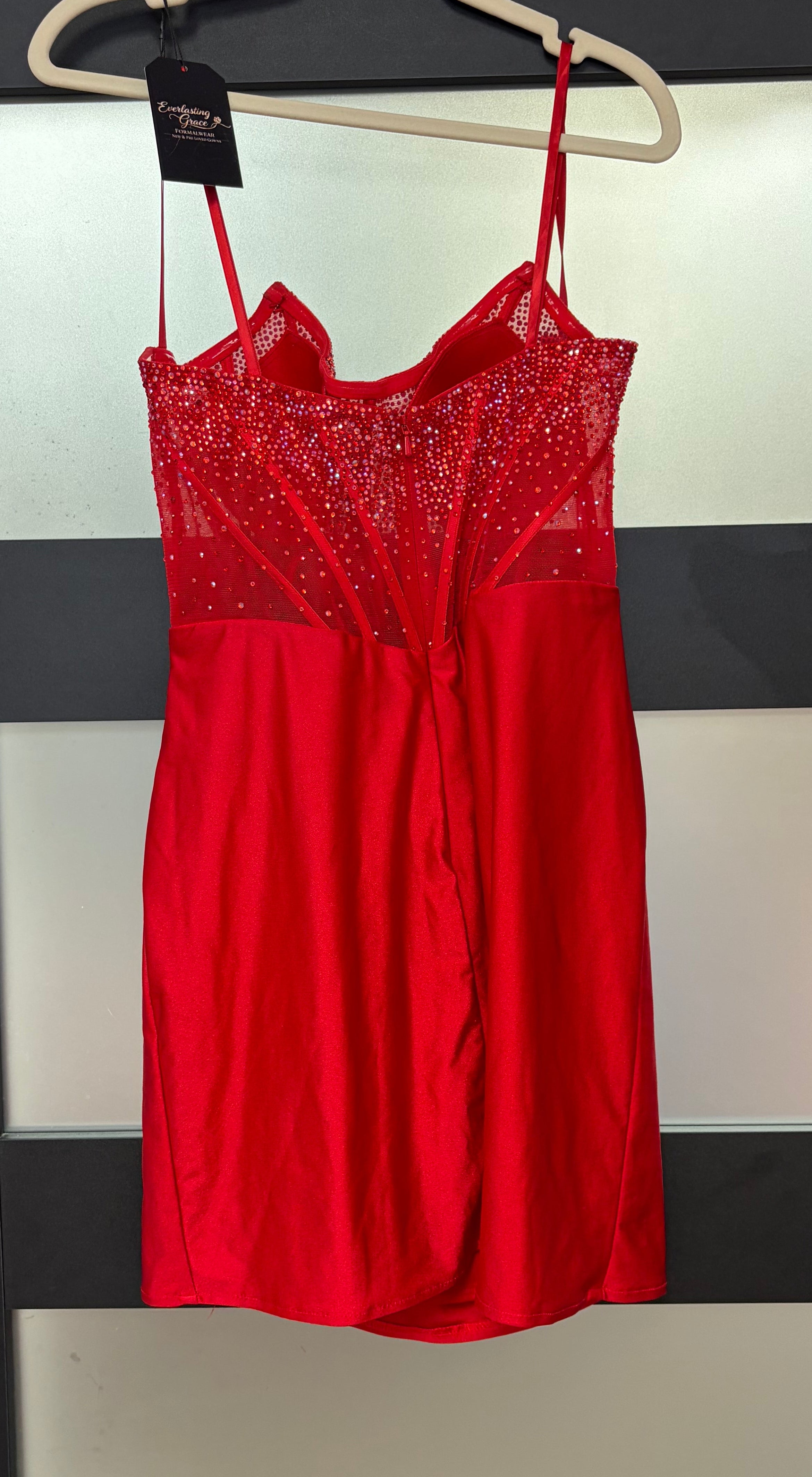 Maja Bella Red Rhinestone Corset Satin Homecoming Dress with Draped Skirt