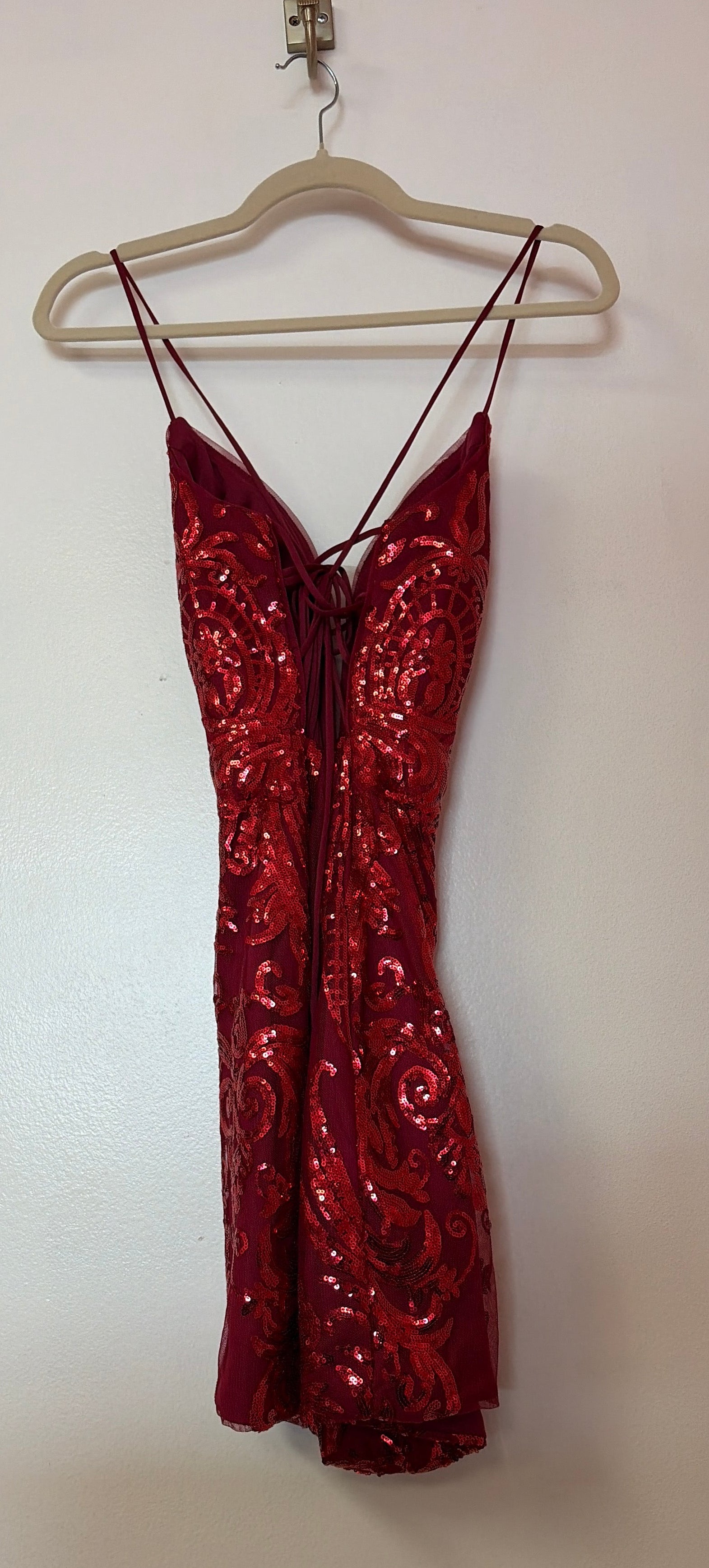 Red Sequin Plunge Neck Homecoming Dress