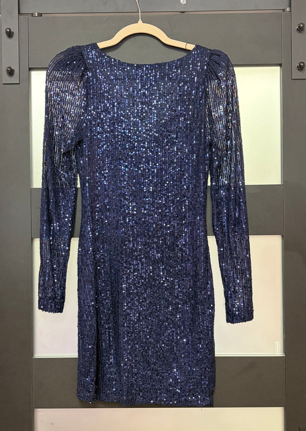 B Darlin Navy Sequin Long Sleeve Homecoming Dress