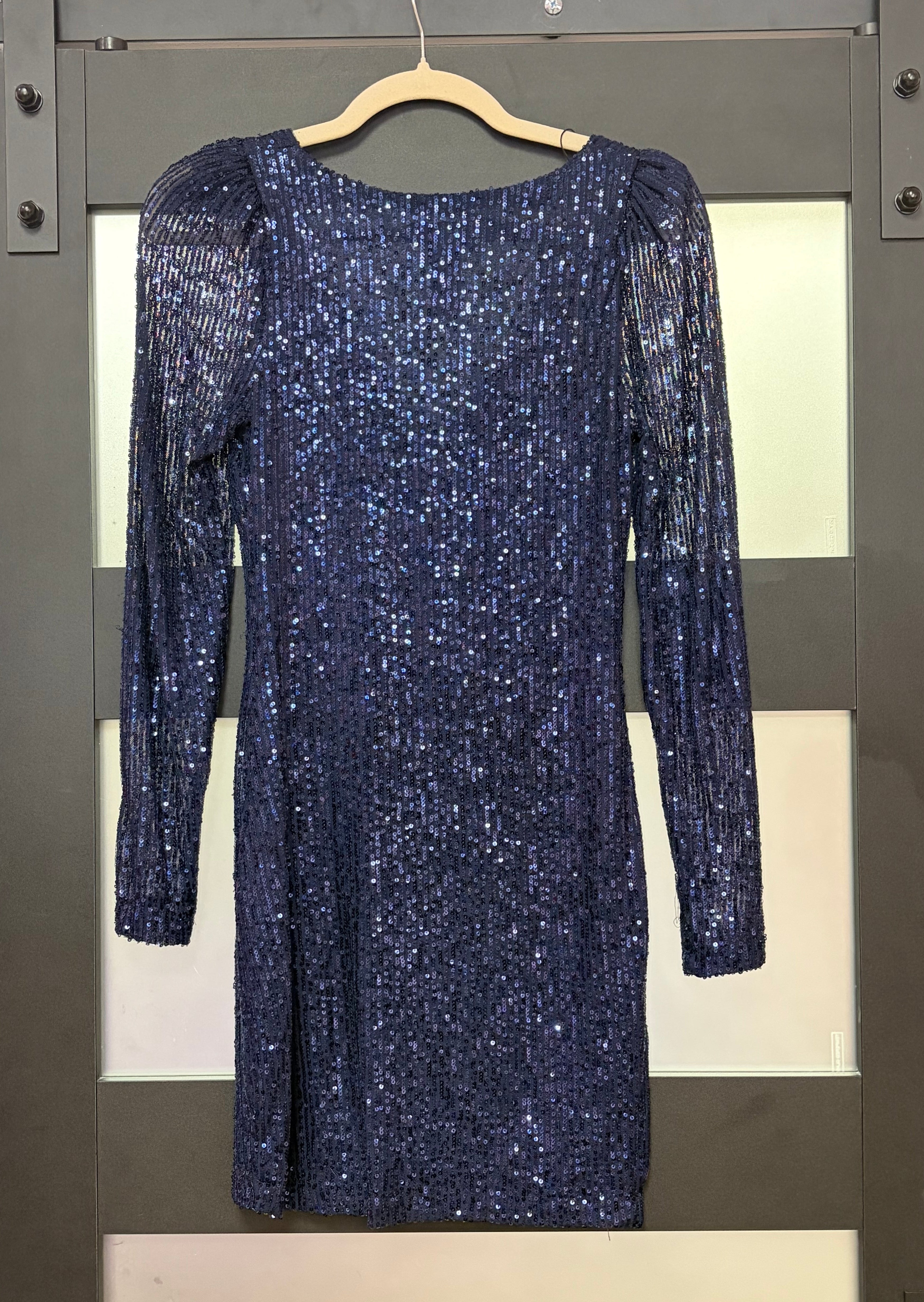 B Darlin Navy Sequin Long Sleeve Homecoming Dress
