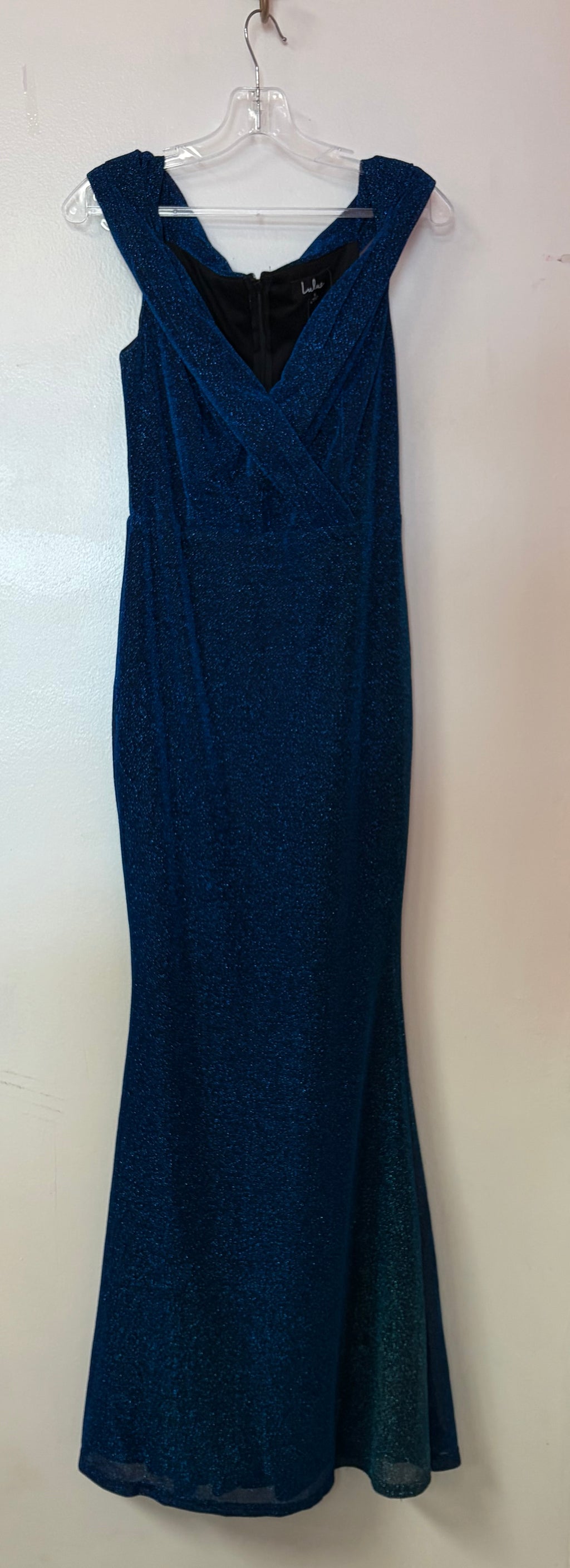 Lulus Navy Blue Glitter Wrap Mermaid Gown with V-Neckline