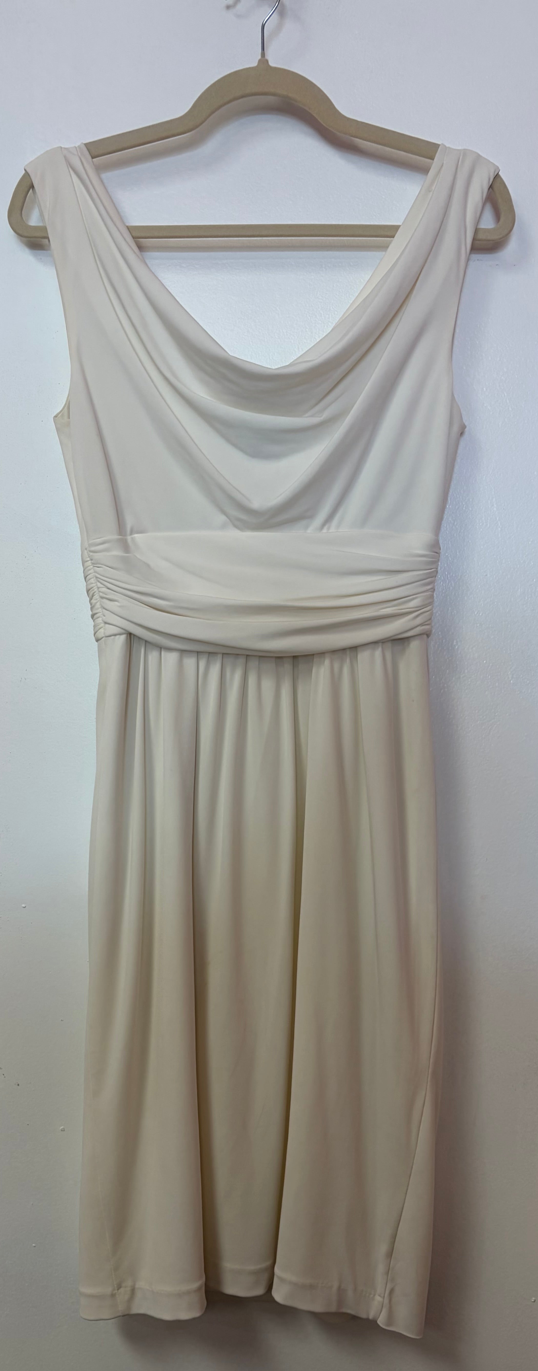 White House Black Market Ivory Draped Cocktail Dress with Ruched Waist and Cascading Side Detail