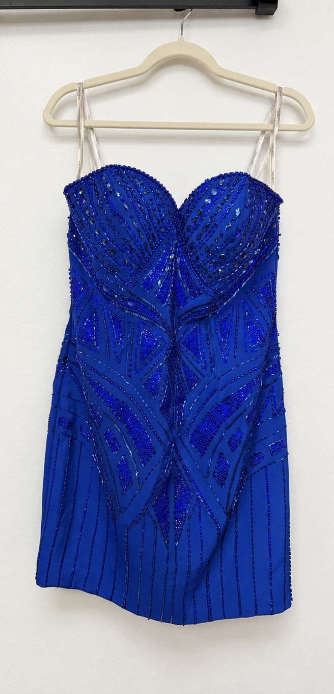 Shorts by Mon Cheri Royal Blue Geometric Beaded Cocktail Dress